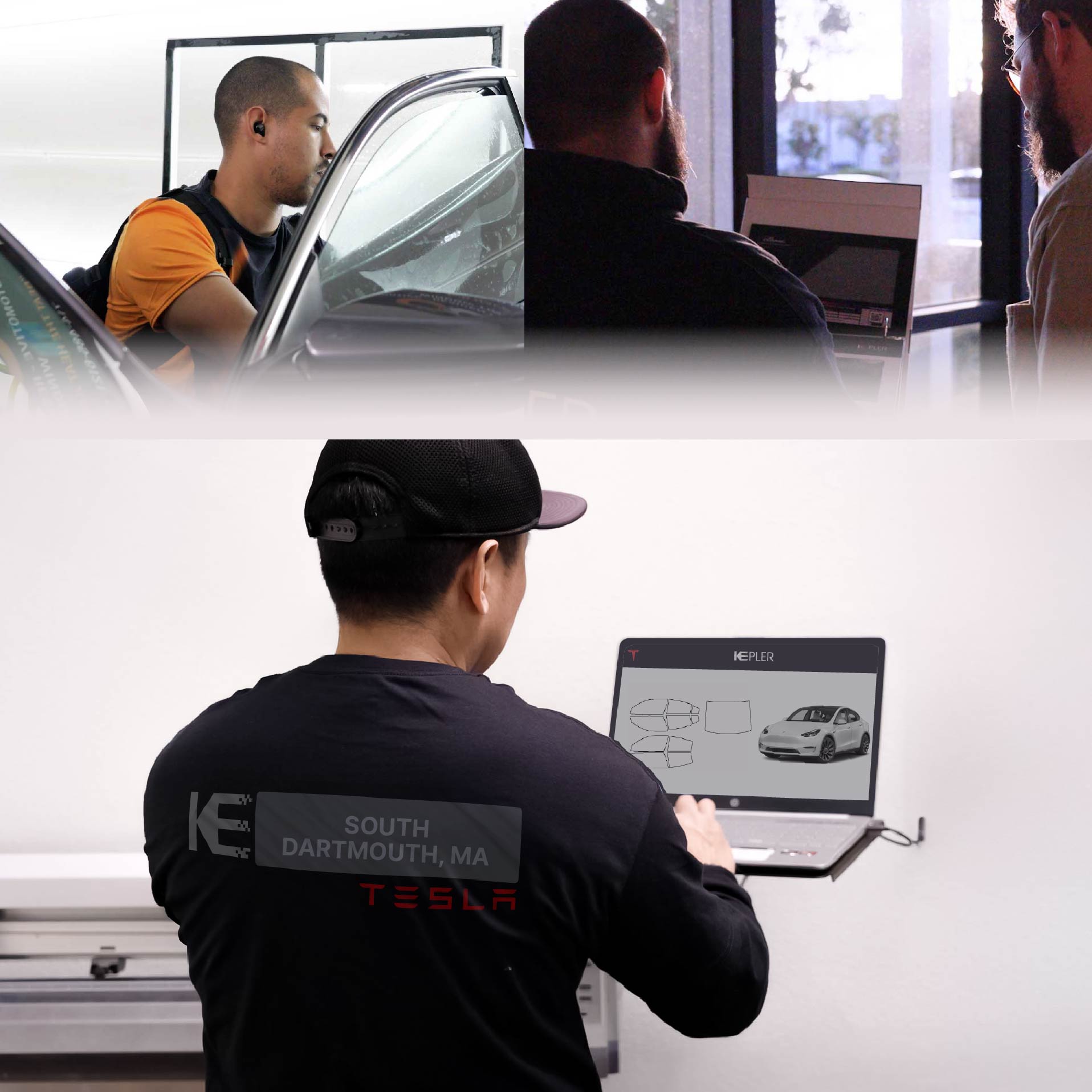 Expert Technician Fitting Ceramic Window Tint to Tesla in South Dartmouth