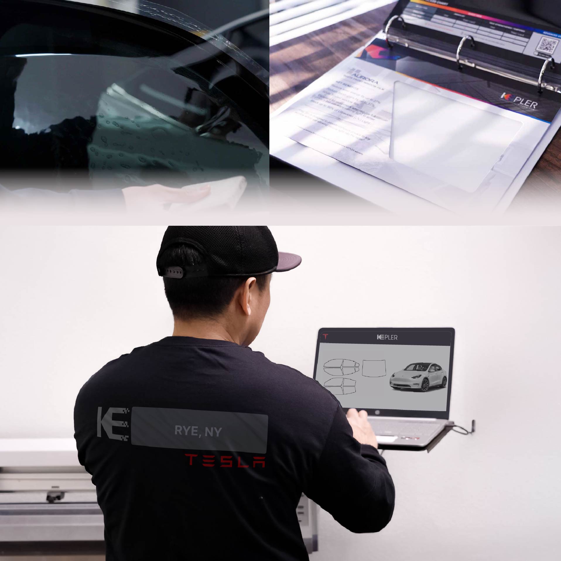 Kepler Technician Applying Ceramic Window Tint to Tesla in Rye