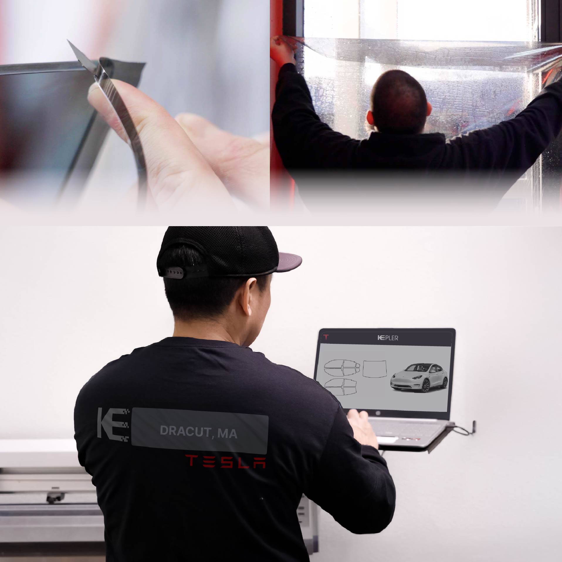 Expert Technician Fitting Ceramic Window Tint to Tesla in Dracut