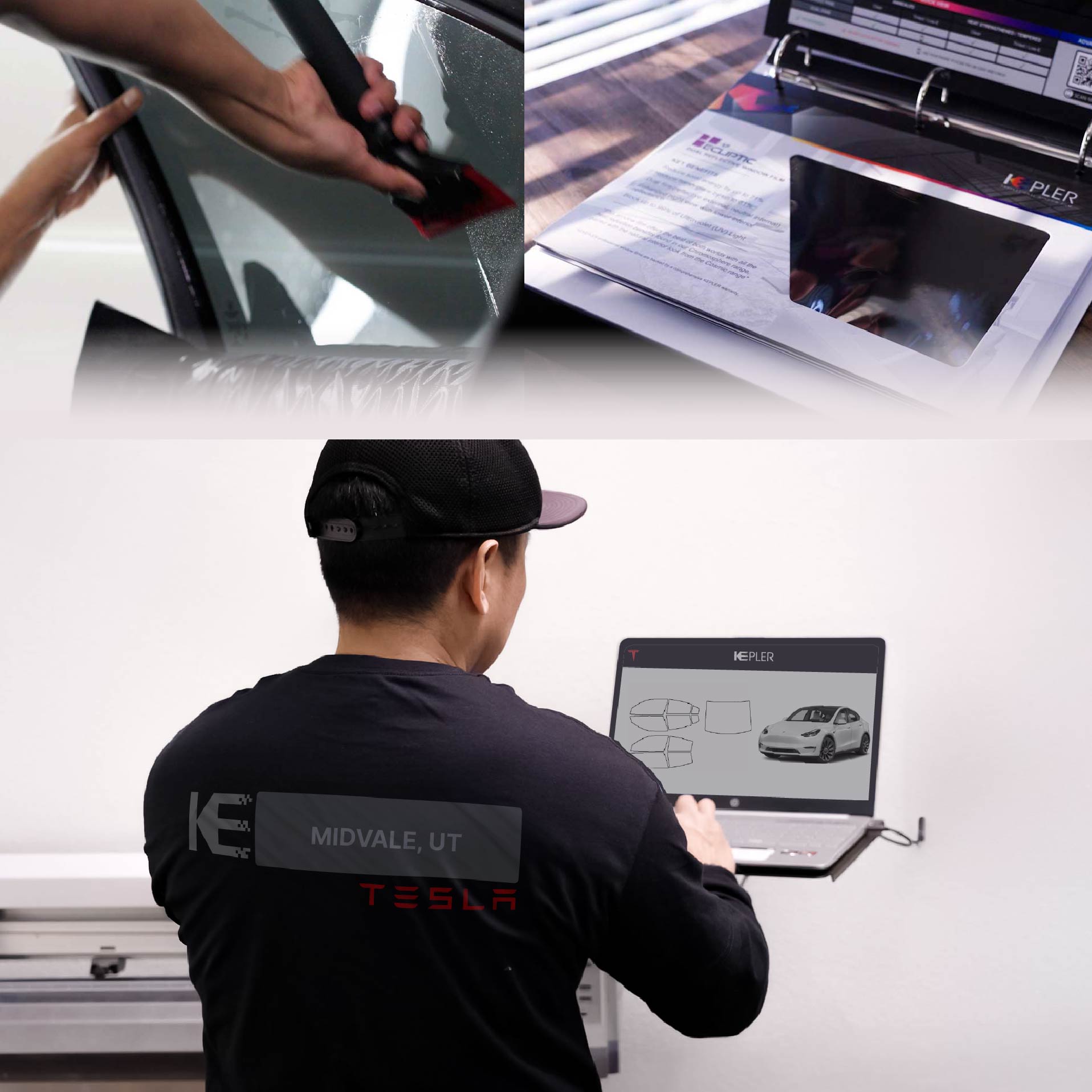 Kepler Technician Installing Advanced Window Tint to Tesla in Midvale