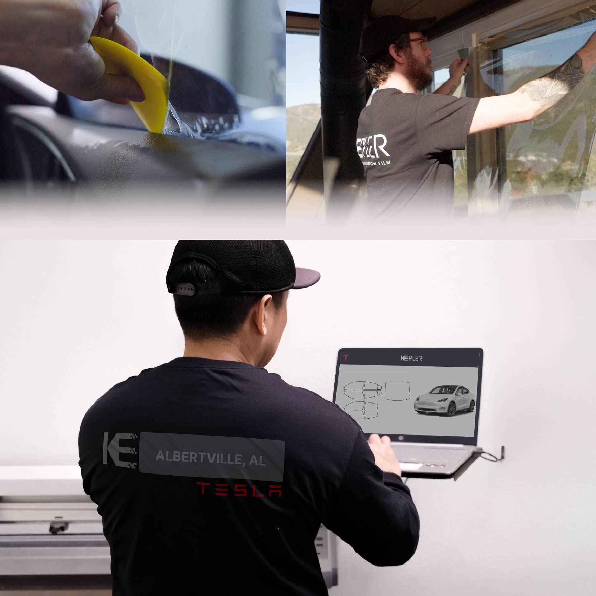 Kepler Technician Installing Ceramic Window Tint to Tesla in Albertville