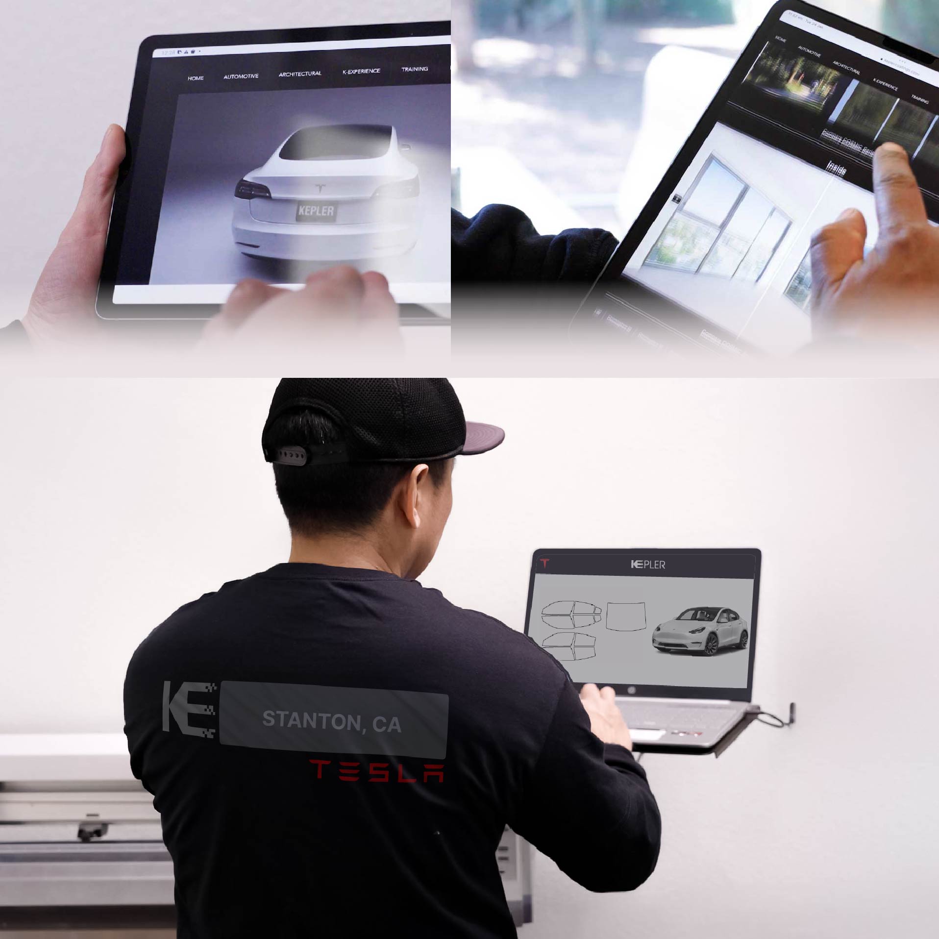 Expert Technician Applying Ceramic Window Tint to Tesla in Stanton