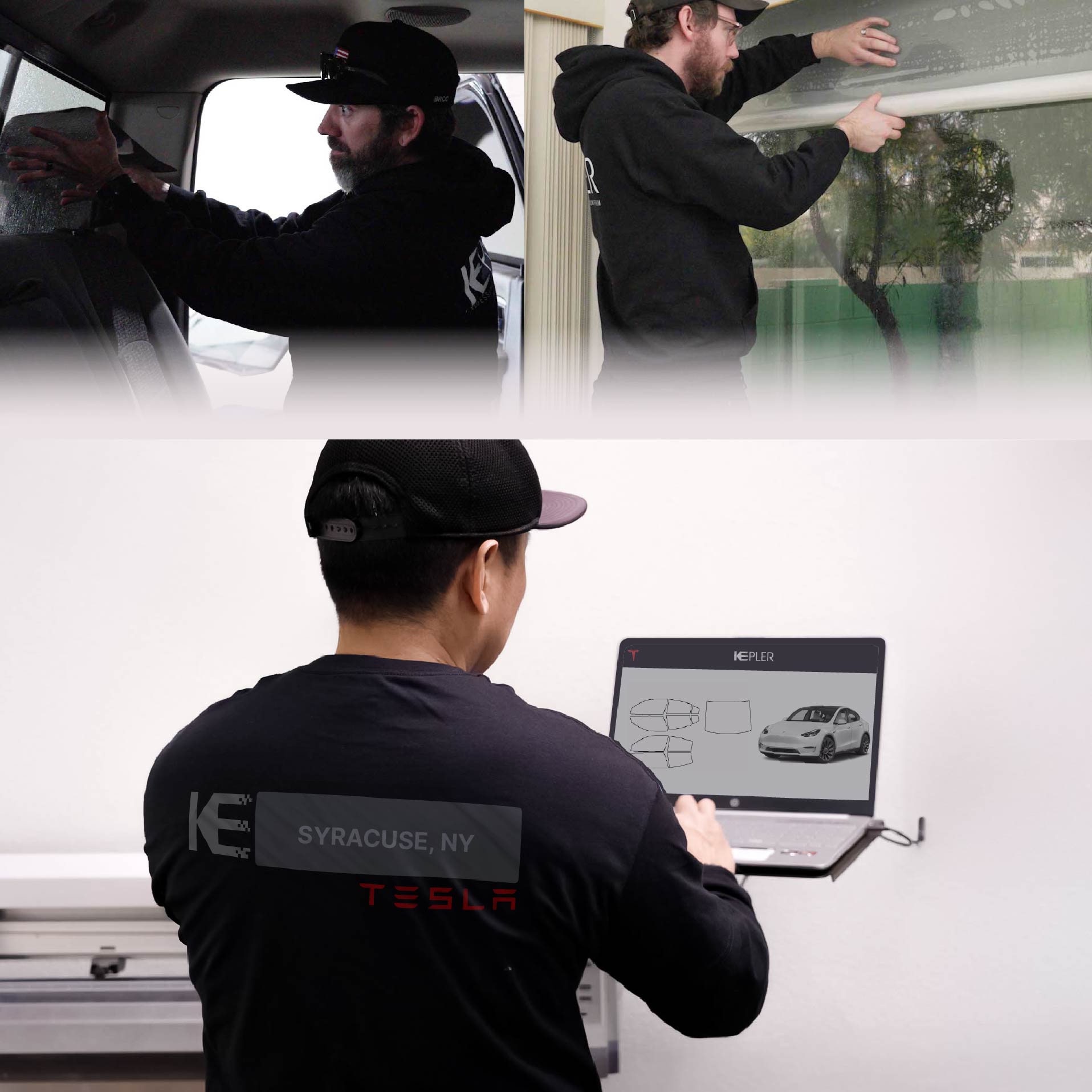 Kepler Technician Applying High-tech Window Tint to Tesla in Syracuse