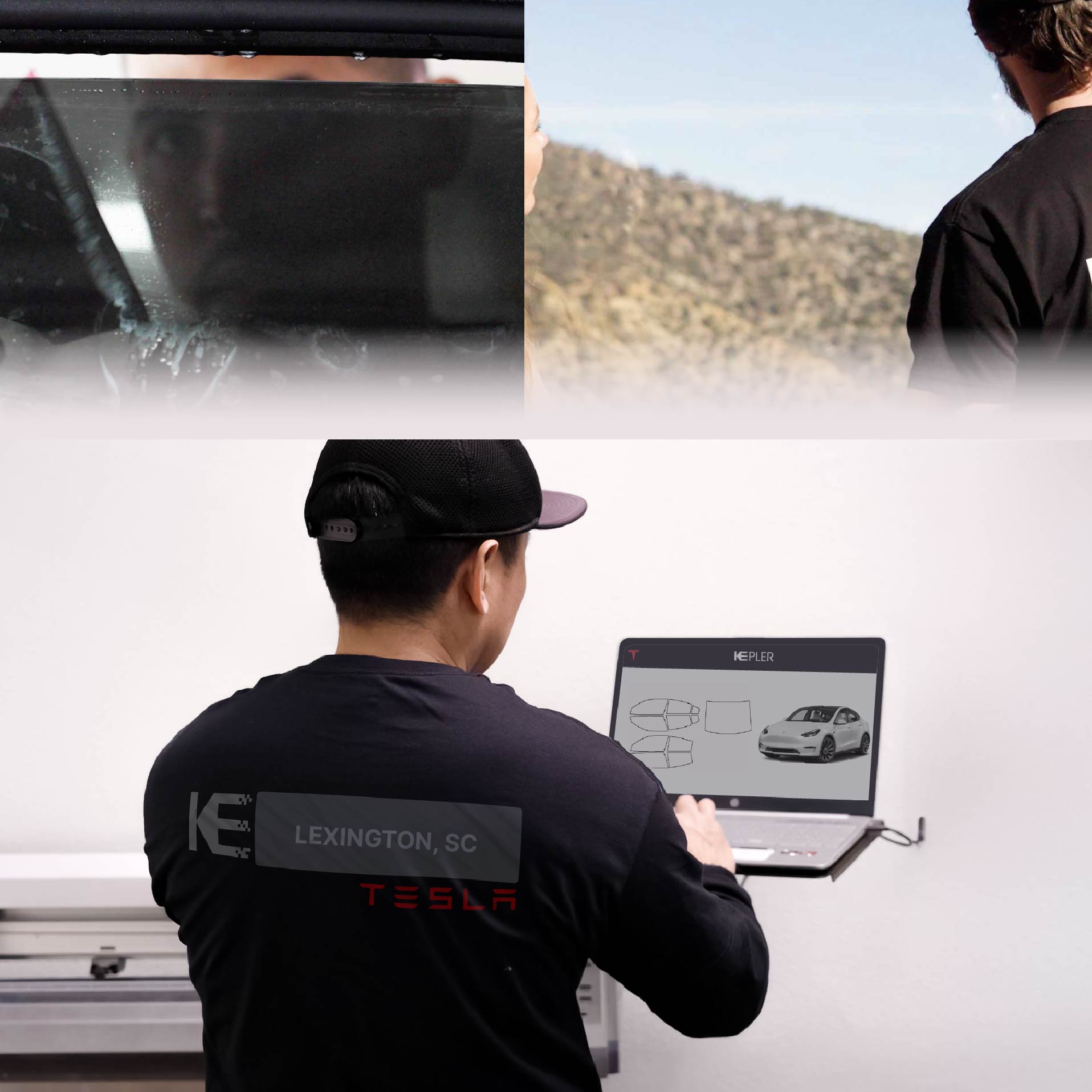 Expert Technician Installing Advanced Window Tint to Tesla in Lexington