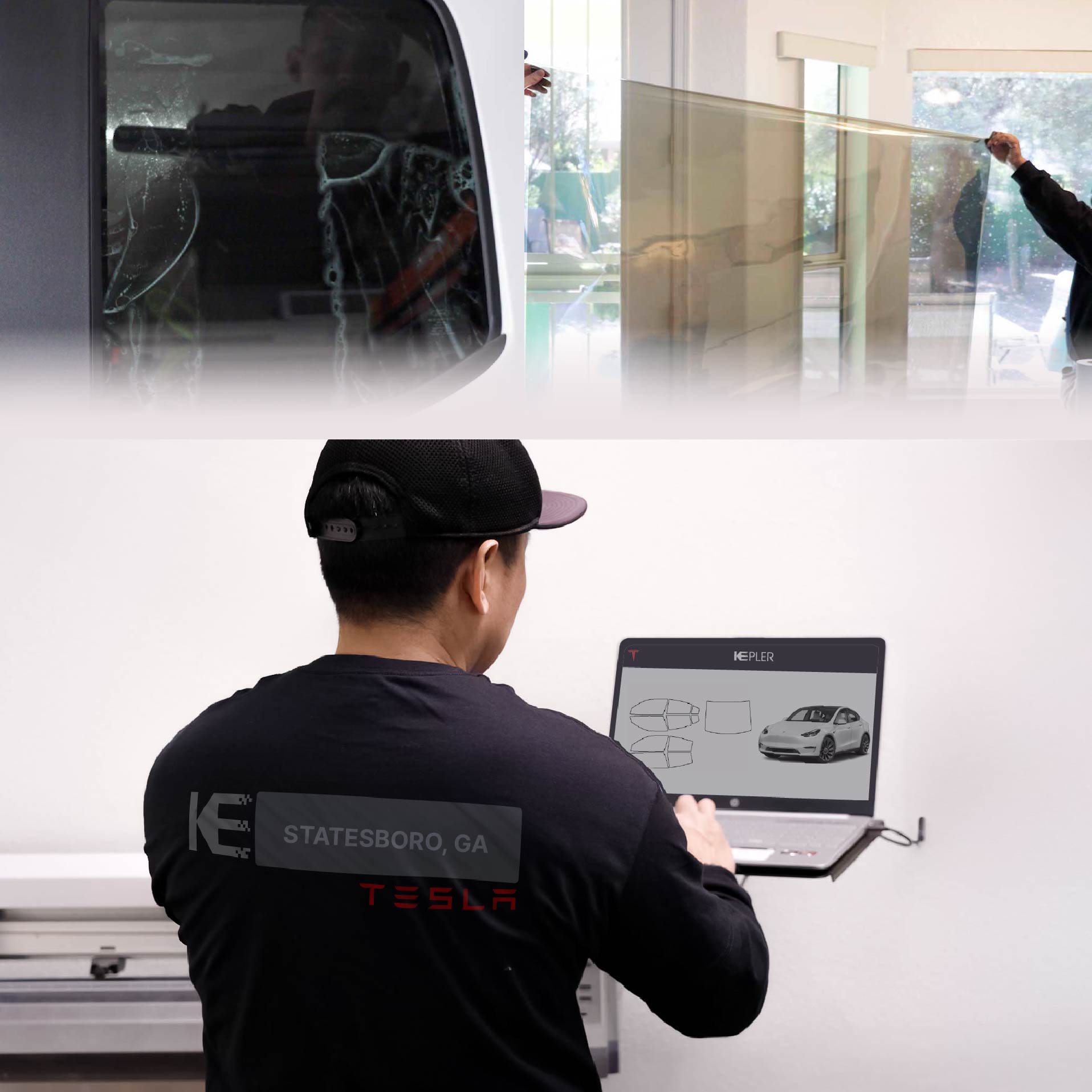Expert Technician Fitting Ceramic Window Tint to Tesla in Statesboro