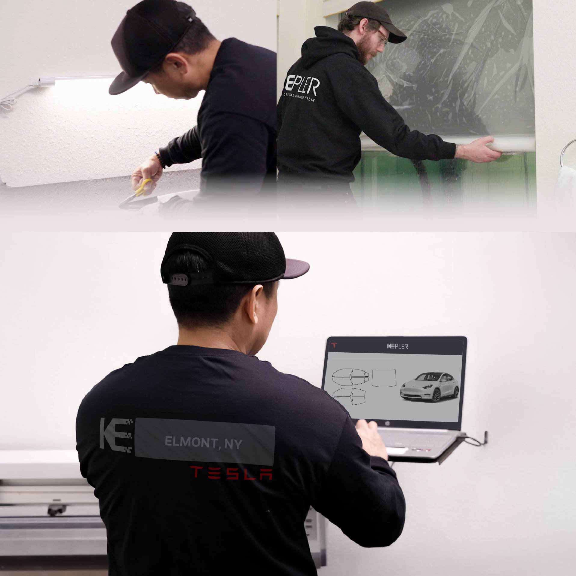 Kepler Technician Installing Advanced Window Tint to Tesla in Elmont