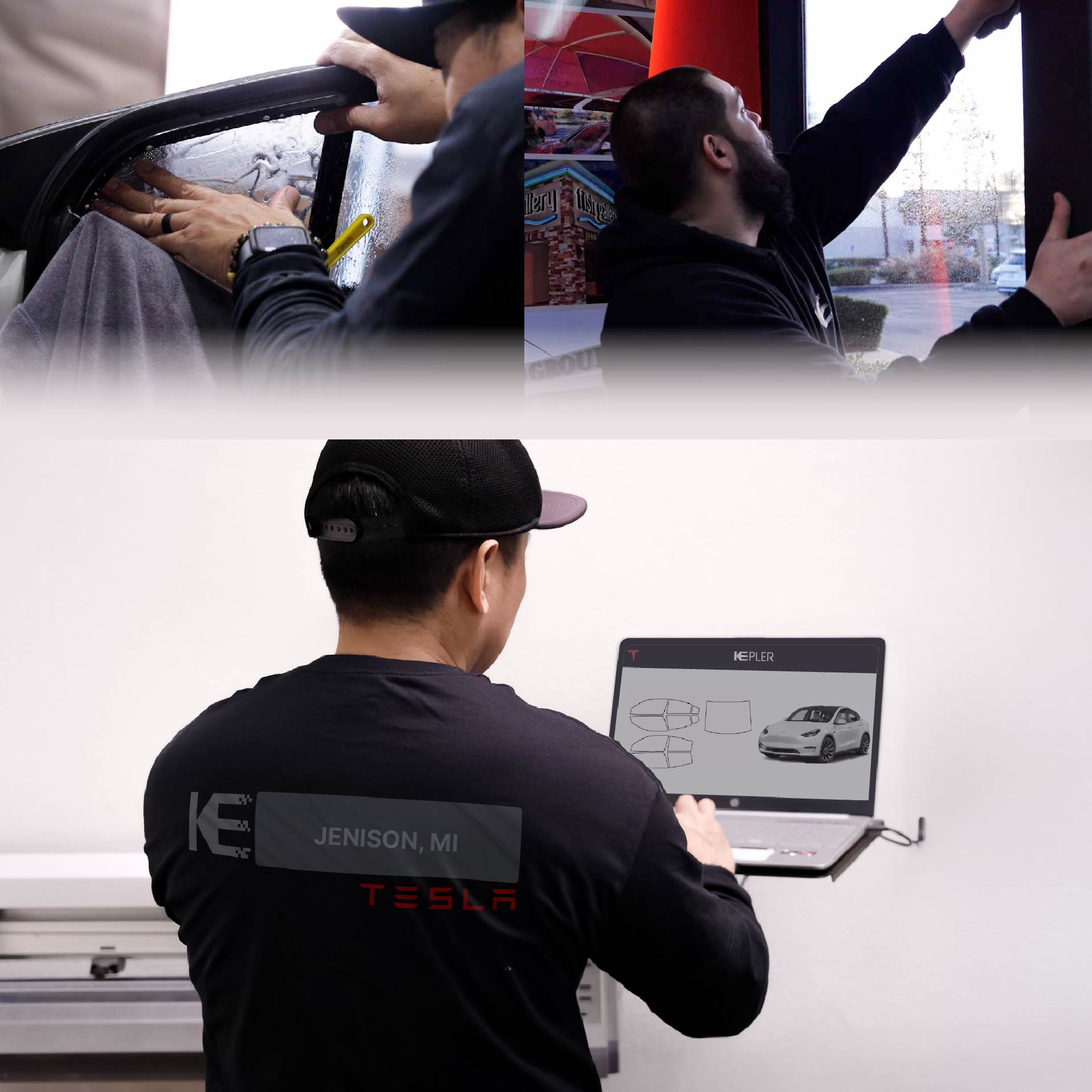 Expert Technician Installing Advanced Window Tint to Tesla in Jenison