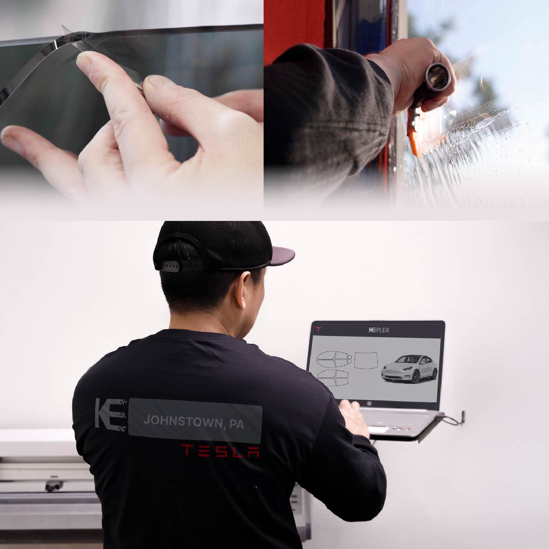 Kepler Technician Applying Ceramic Window Tint to Tesla in Johnstown