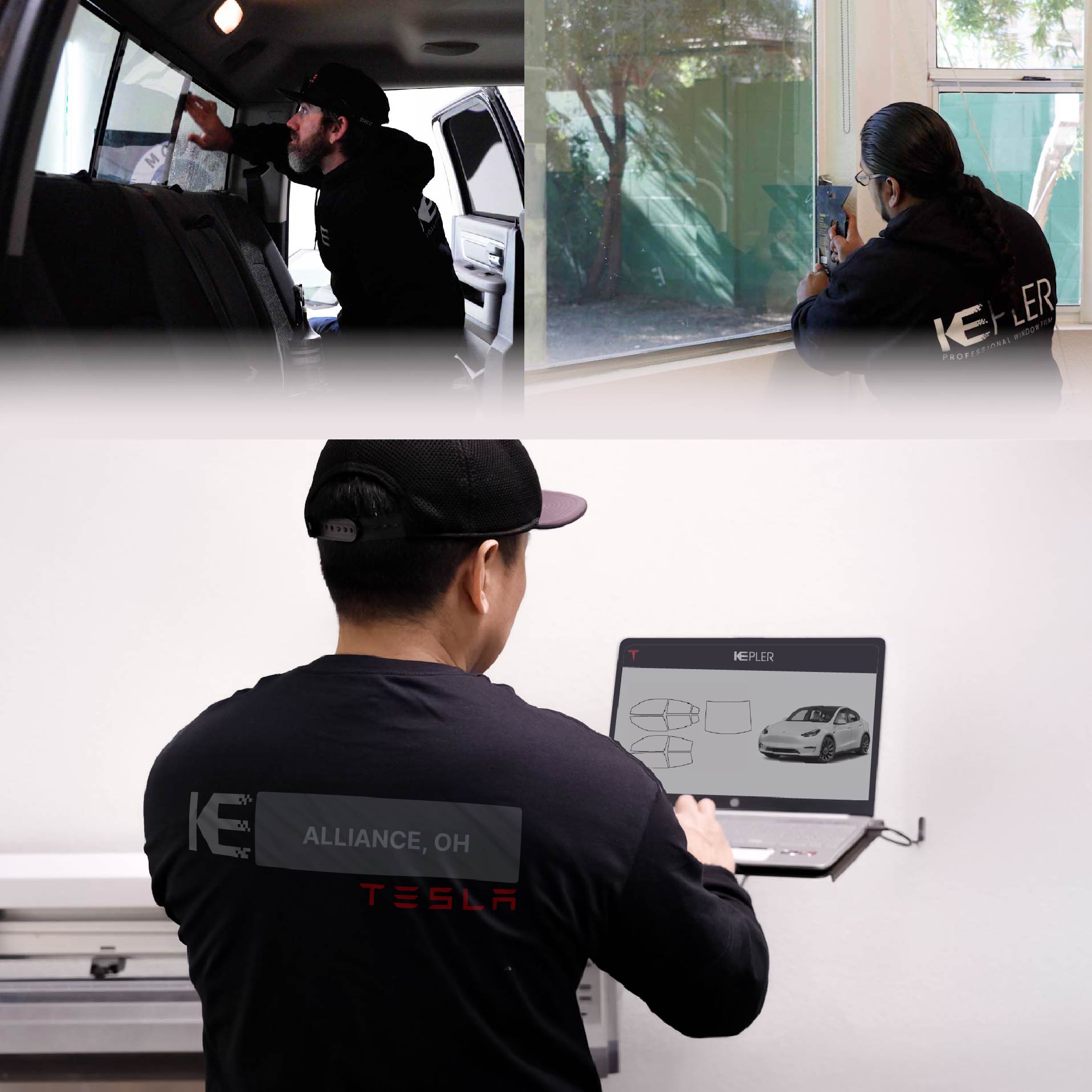 Expert Technician Fitting Ceramic Window Tint to Tesla in Alliance