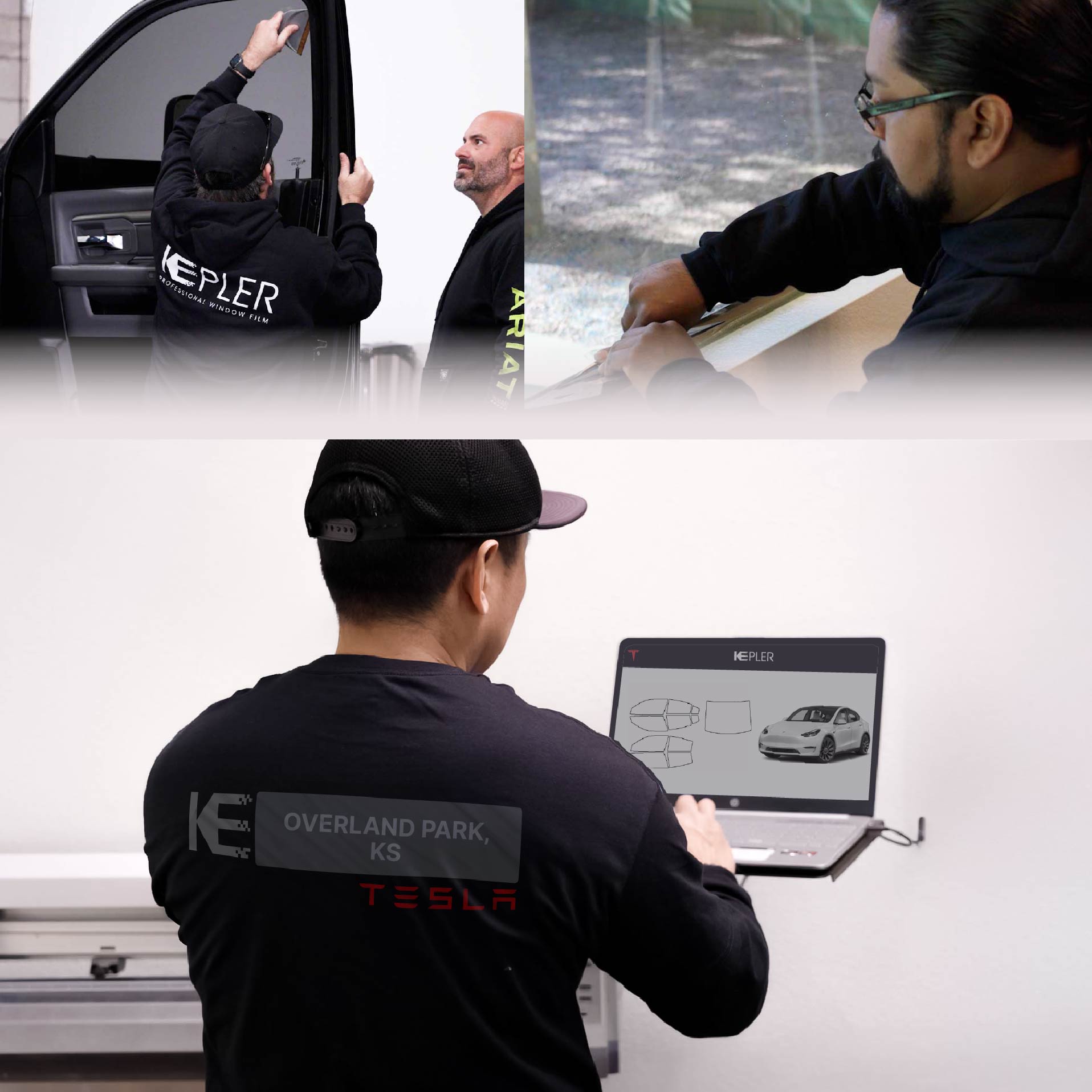 Kepler Technician Installing Ceramic Window Tint to Tesla in Overland Park