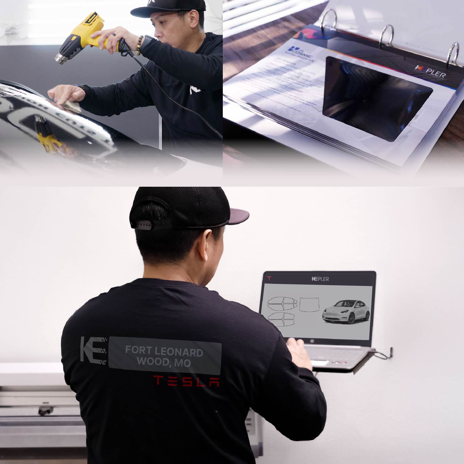 Kepler Technician Applying Advanced Window Tint to Tesla in Fort Leonard Wood