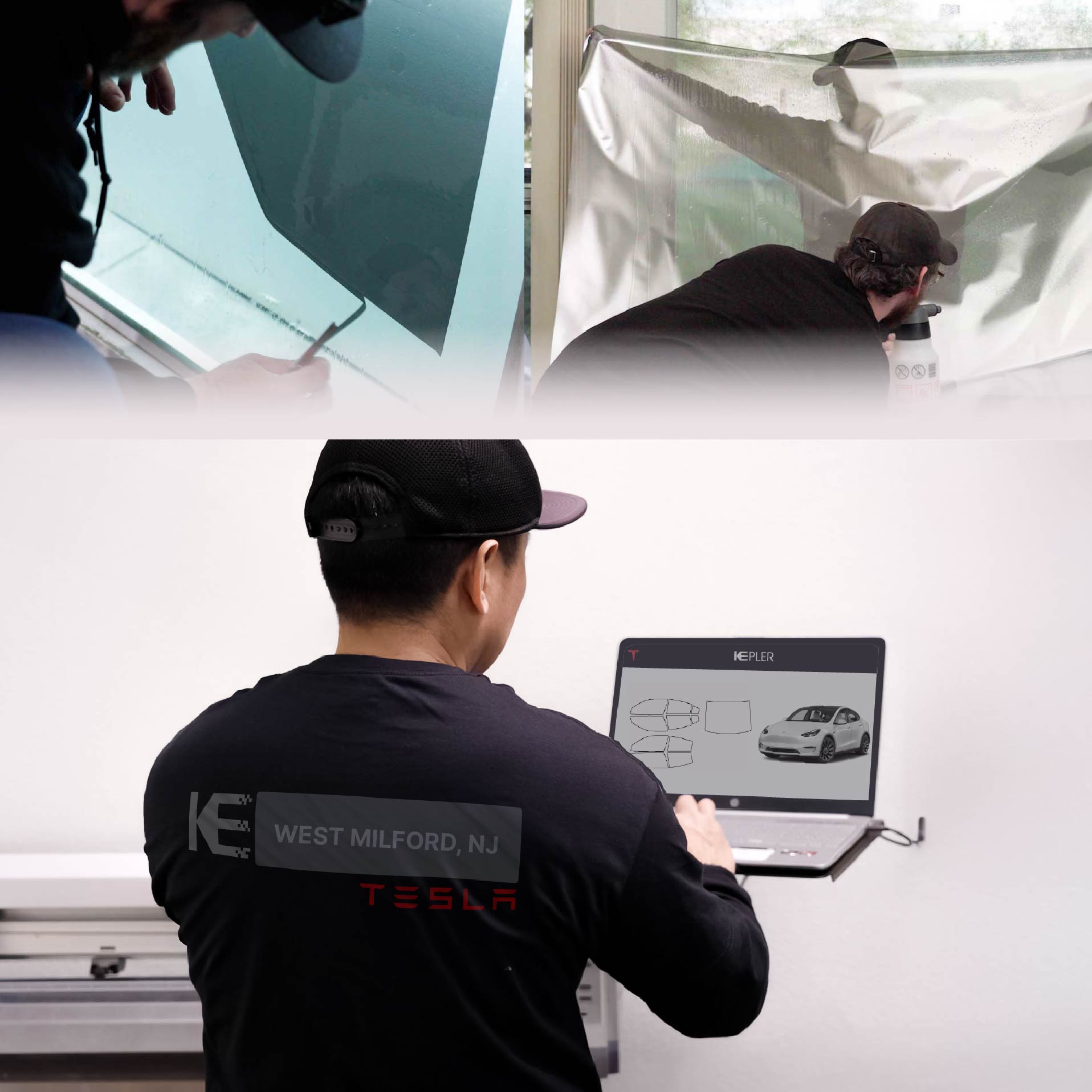 Expert Technician Installing Ceramic Window Tint to Tesla in West Milford