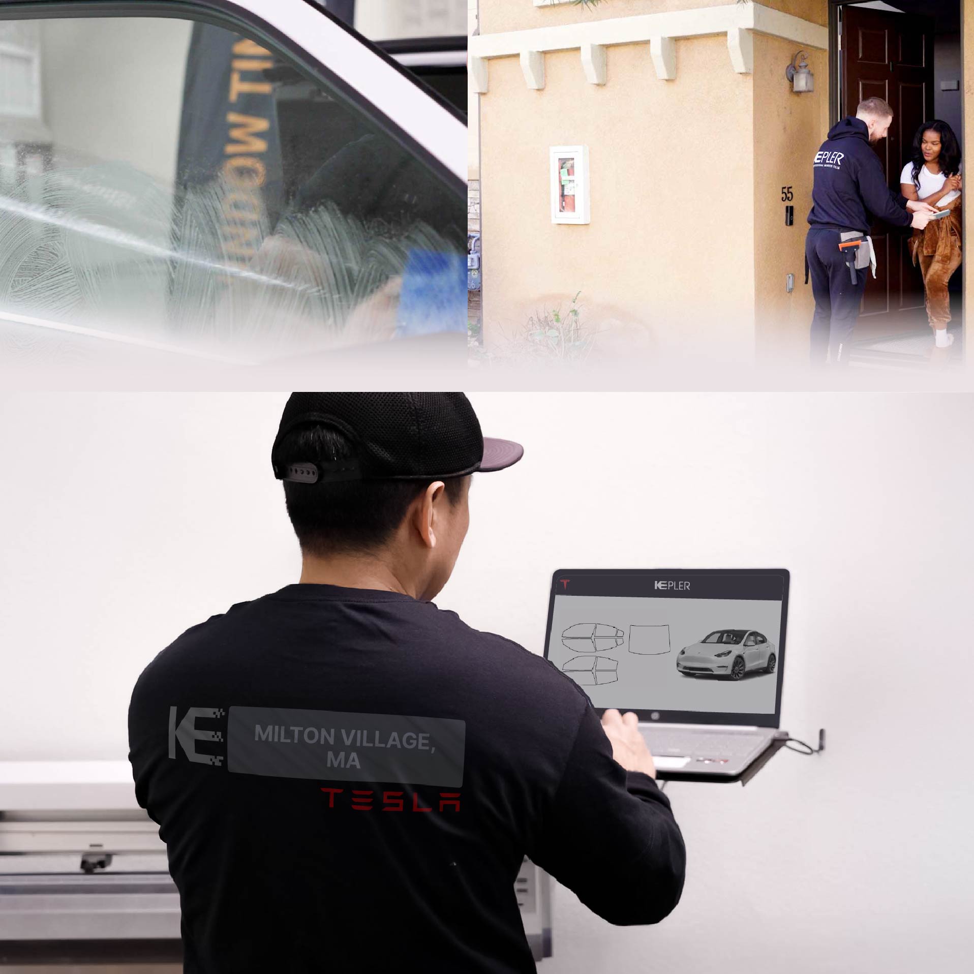 Kepler Technician Fitting Advanced Window Tint to Tesla in Milton Village
