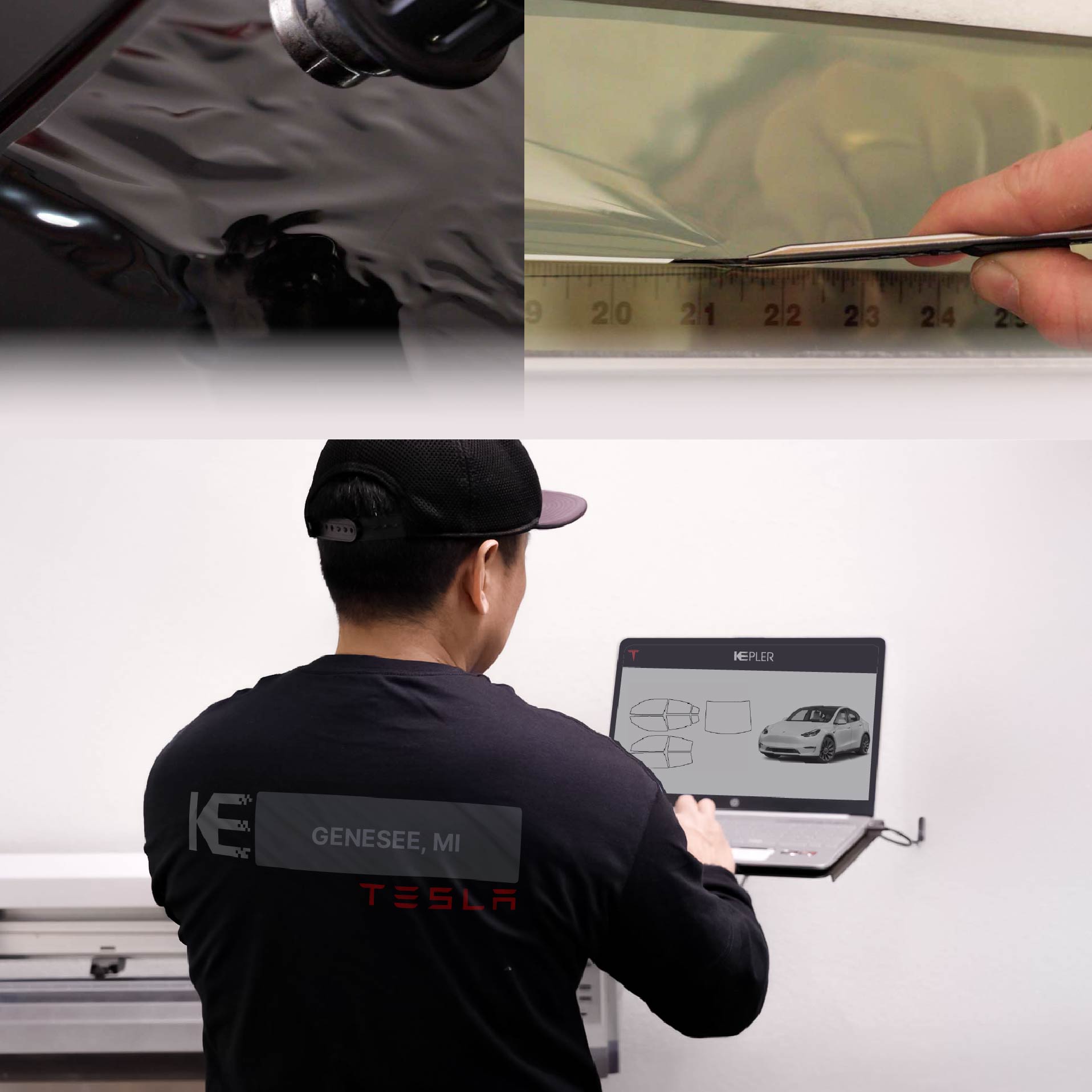 Expert Technician Fitting Advanced Window Tint to Tesla in Genesee