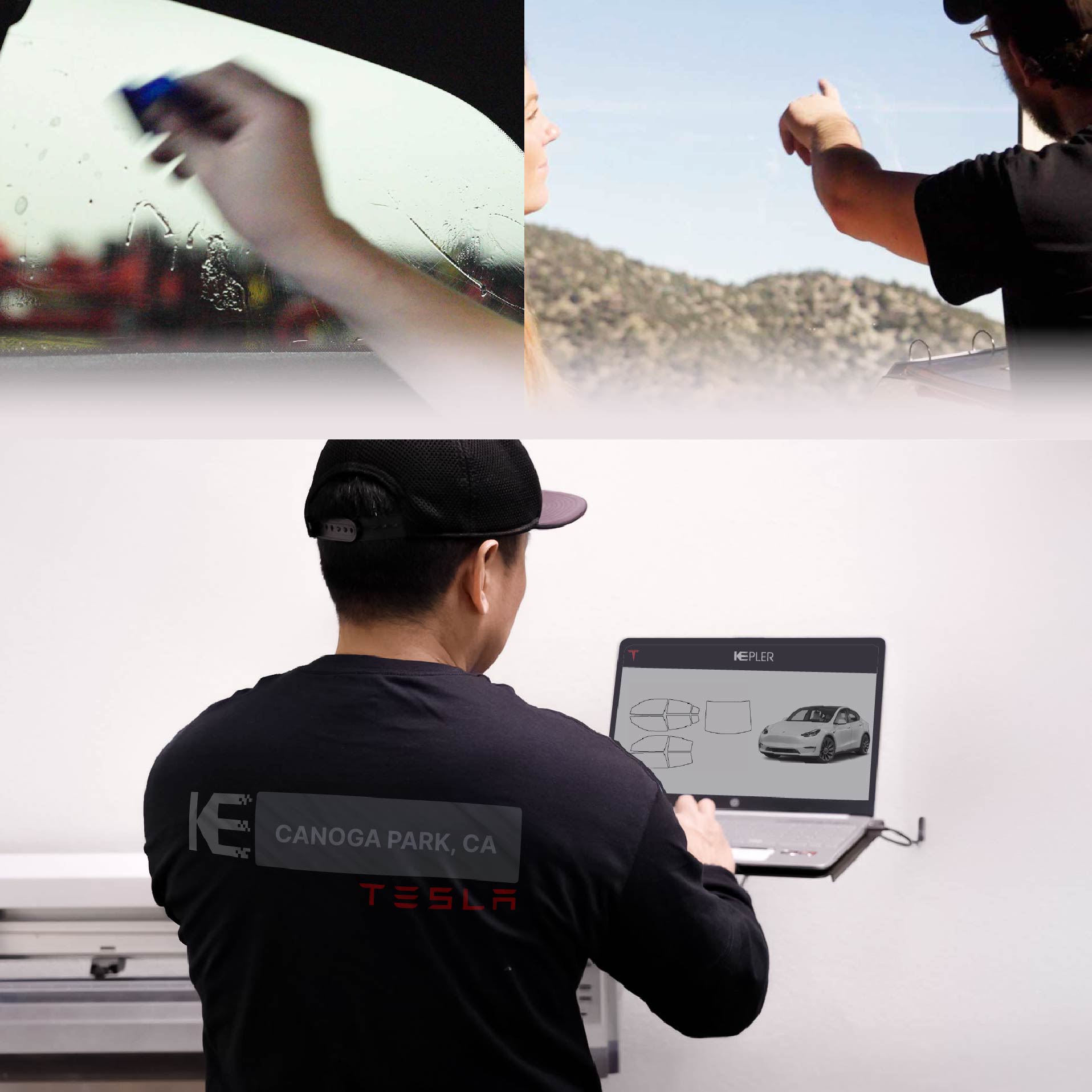 Kepler Technician Installing Advanced Window Tint to Tesla in Canoga Park