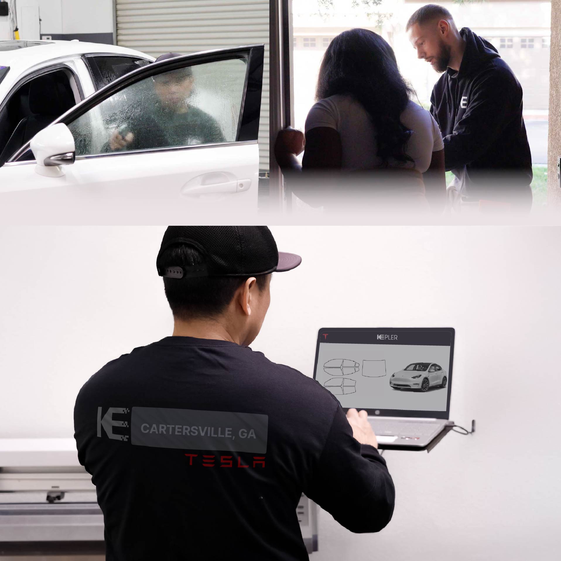 Kepler Technician Applying Advanced Window Tint to Tesla in Cartersville