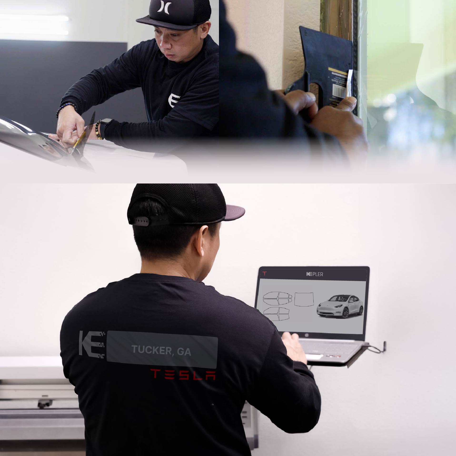 Expert Technician Fitting High-tech Window Tint to Tesla in Tucker