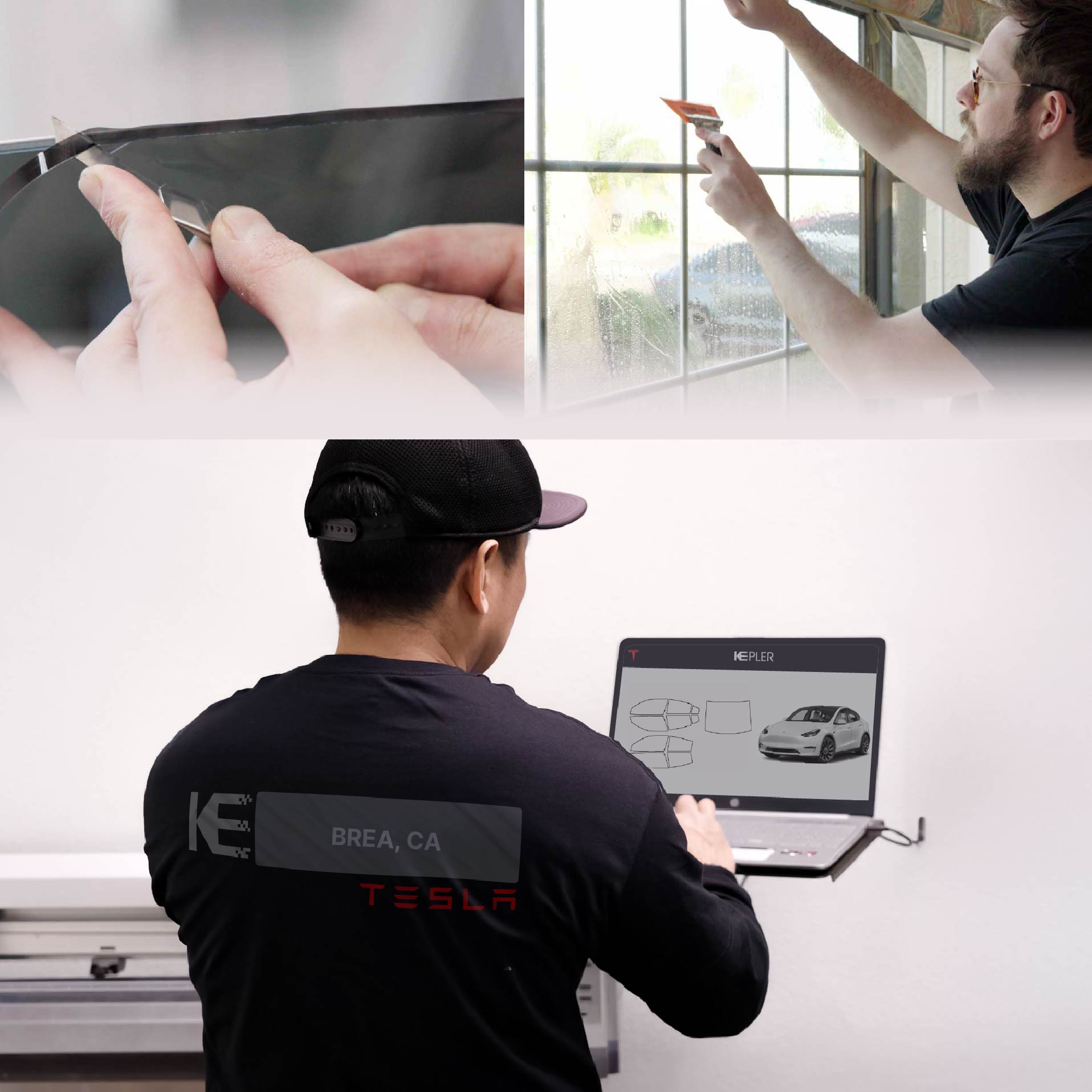 Kepler Technician Fitting High-tech Window Tint to Tesla in Brea