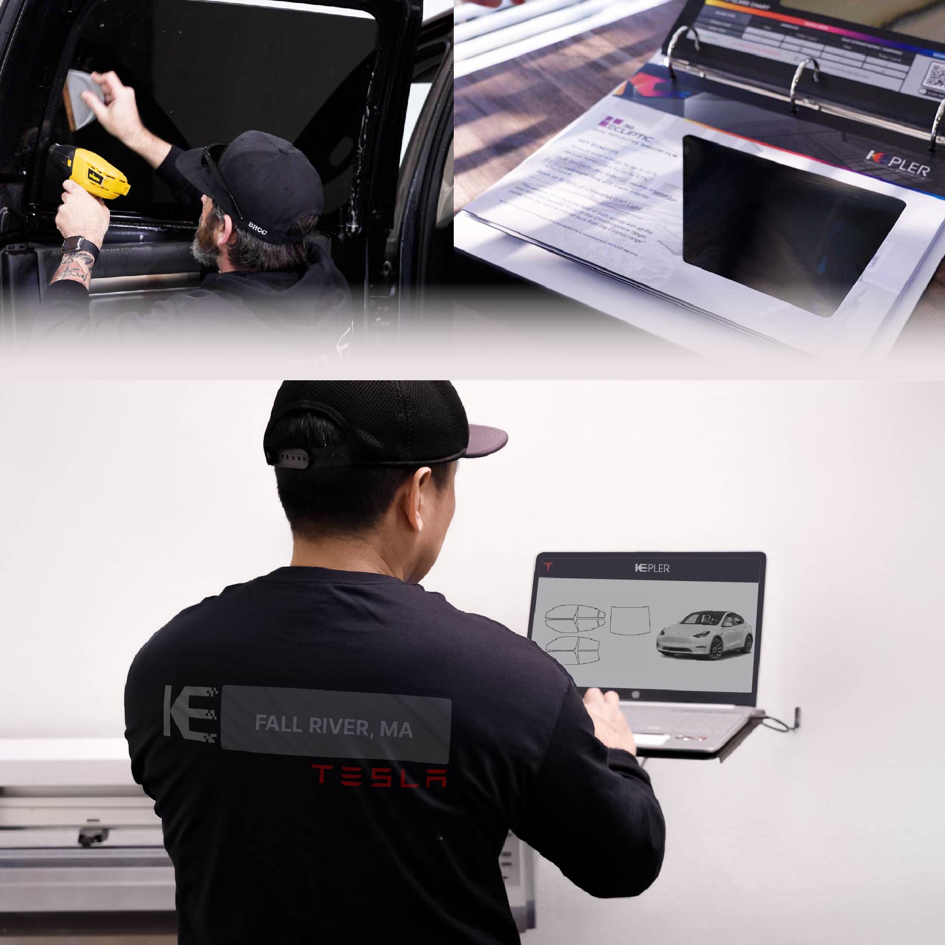 Expert Technician Fitting Advanced Window Tint to Tesla in Fall River