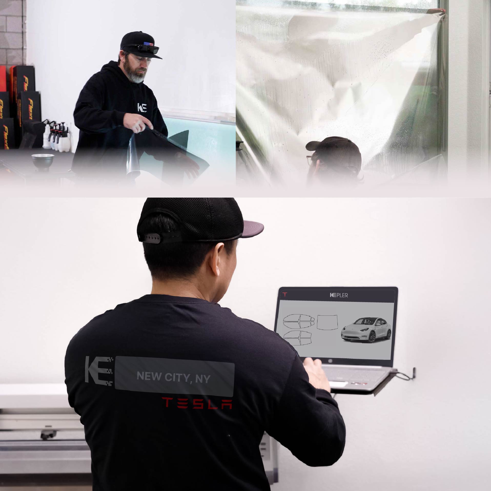 Expert Technician Installing High-tech Window Tint to Tesla in New City