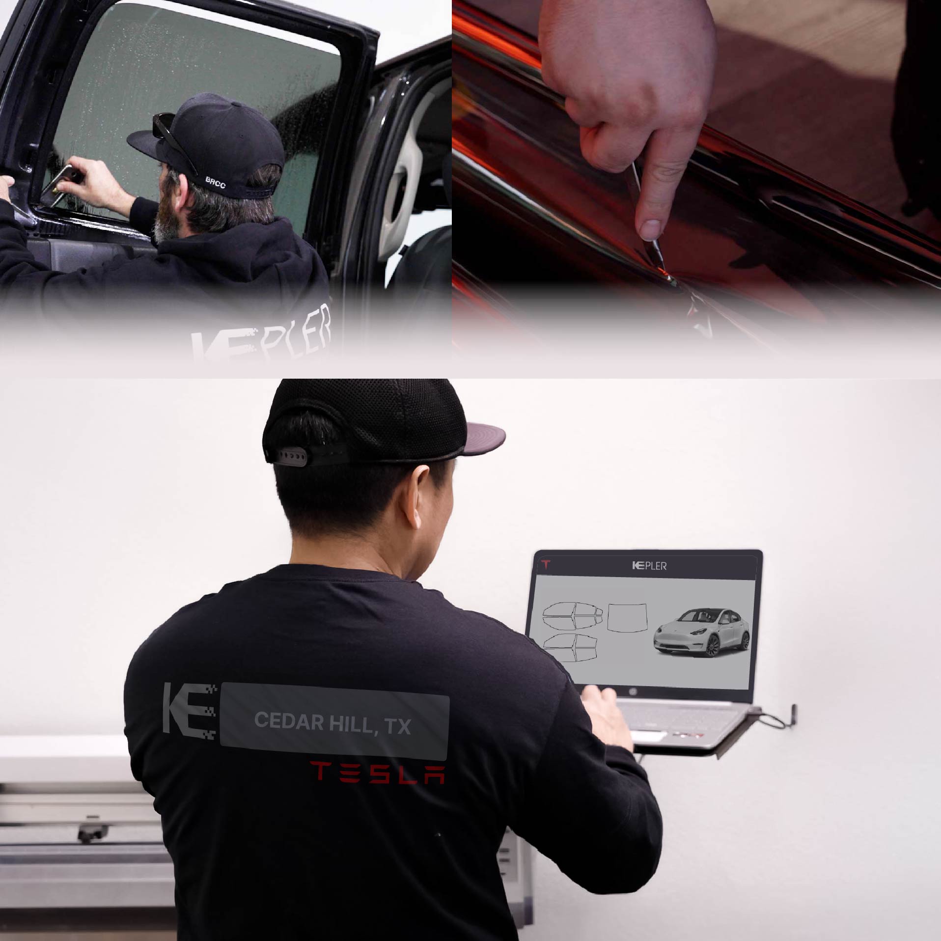 Expert Technician Applying Advanced Window Tint to Tesla in Cedar Hill
