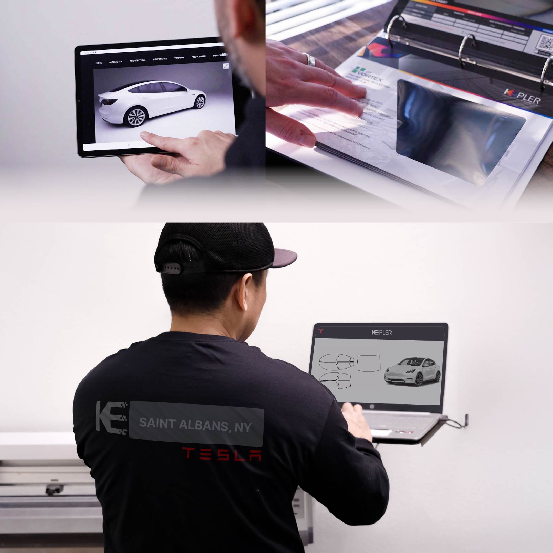 Kepler Technician Applying Advanced Window Tint to Tesla in Saint Albans
