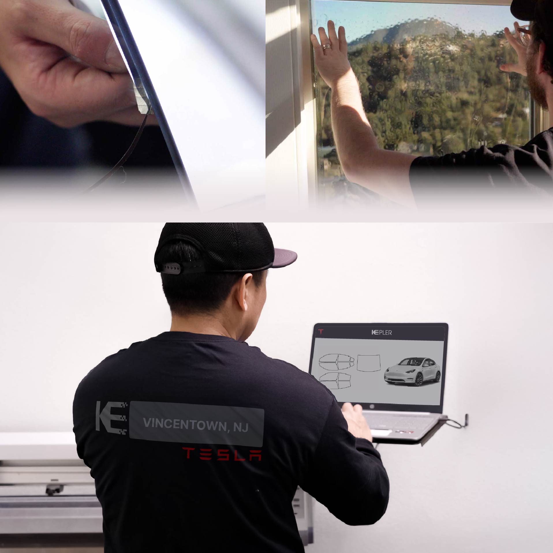 Kepler Technician Installing Ceramic Window Tint to Tesla in Vincentown