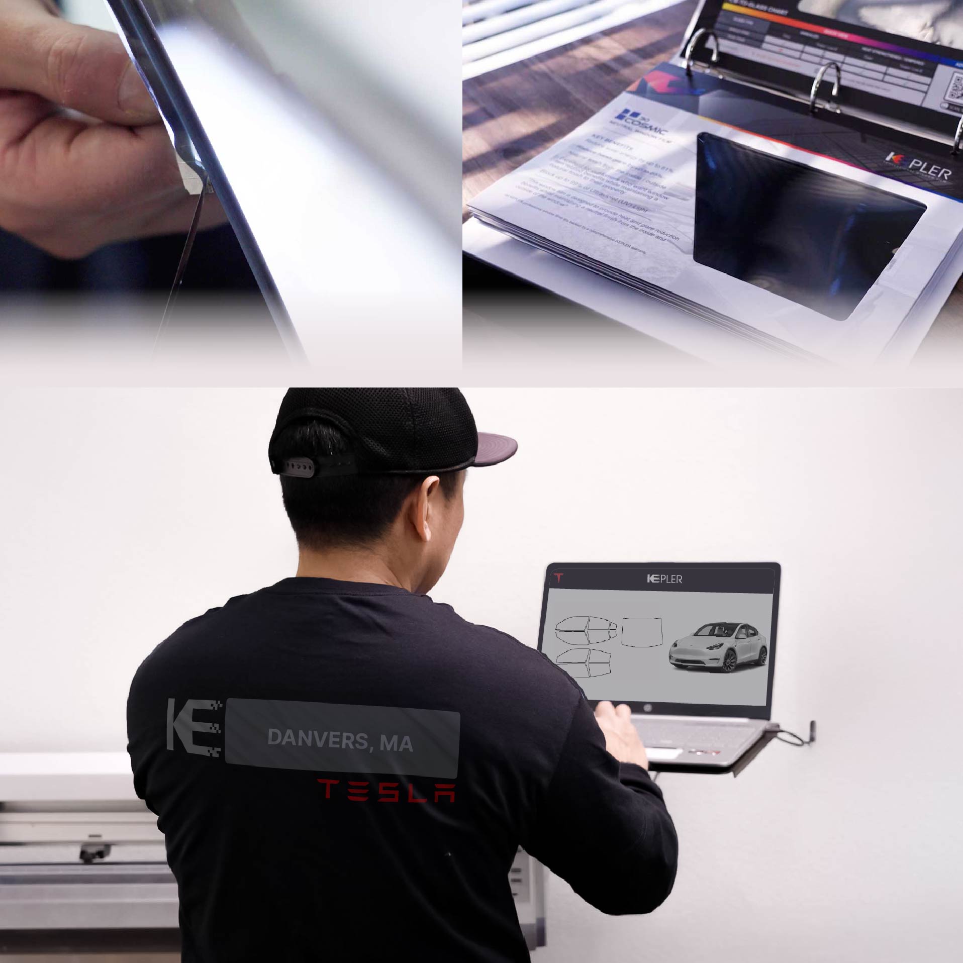 Kepler Technician Applying Advanced Window Tint to Tesla in Danvers