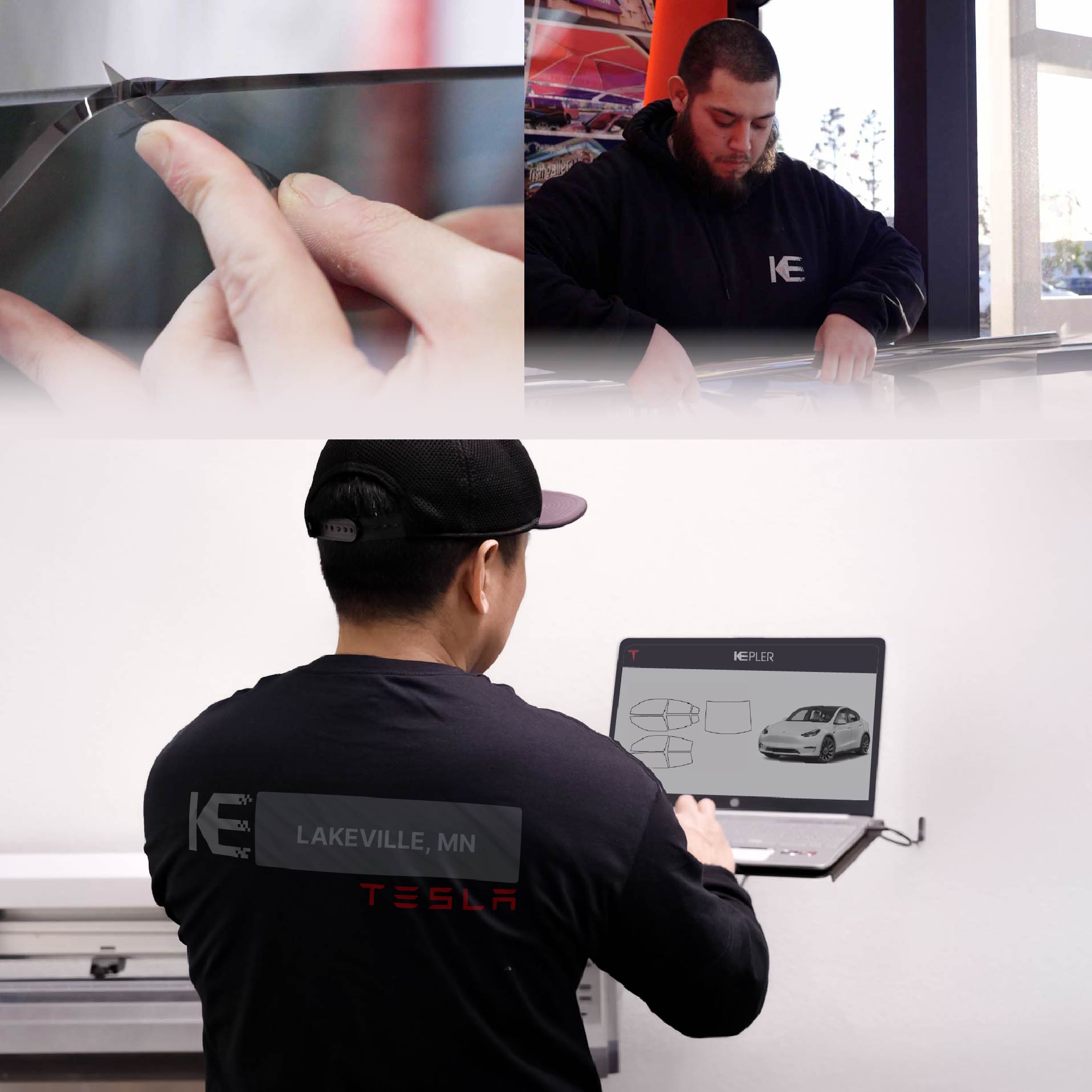 Expert Technician Applying High-tech Window Tint to Tesla in Lakeville