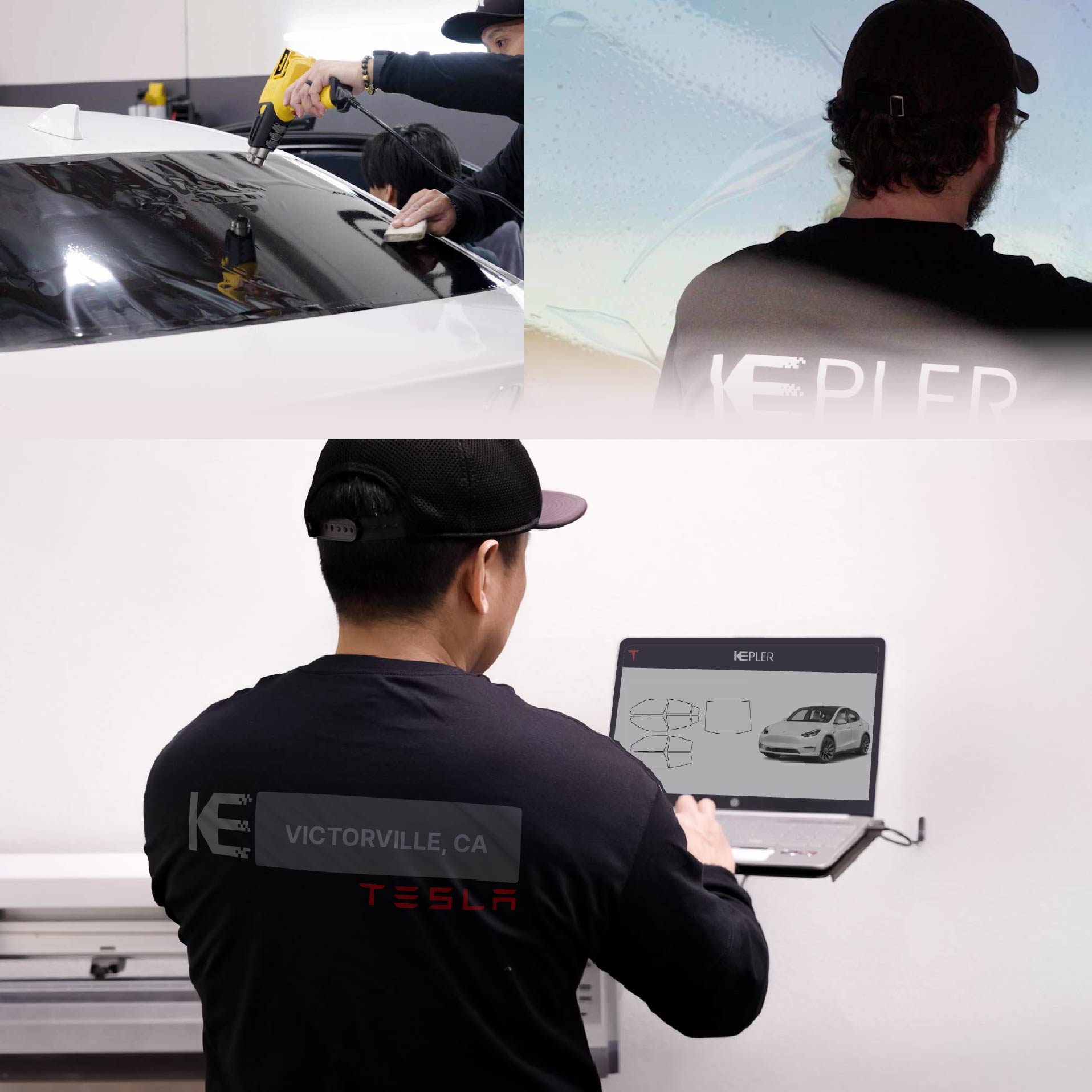 Kepler Technician Installing Ceramic Window Tint to Tesla in Victorville