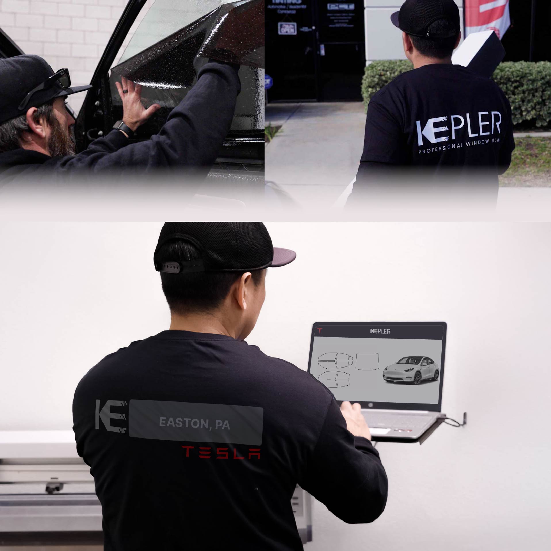Kepler Technician Installing Ceramic Window Tint to Tesla in Easton