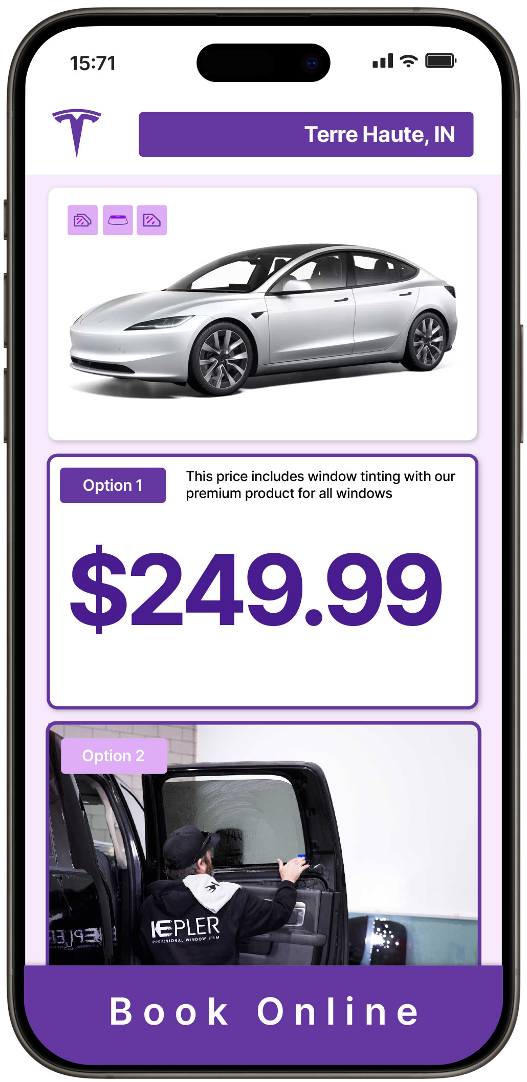 View Competitive Tesla Window Tinting Costs in Terre Haute, Indiana