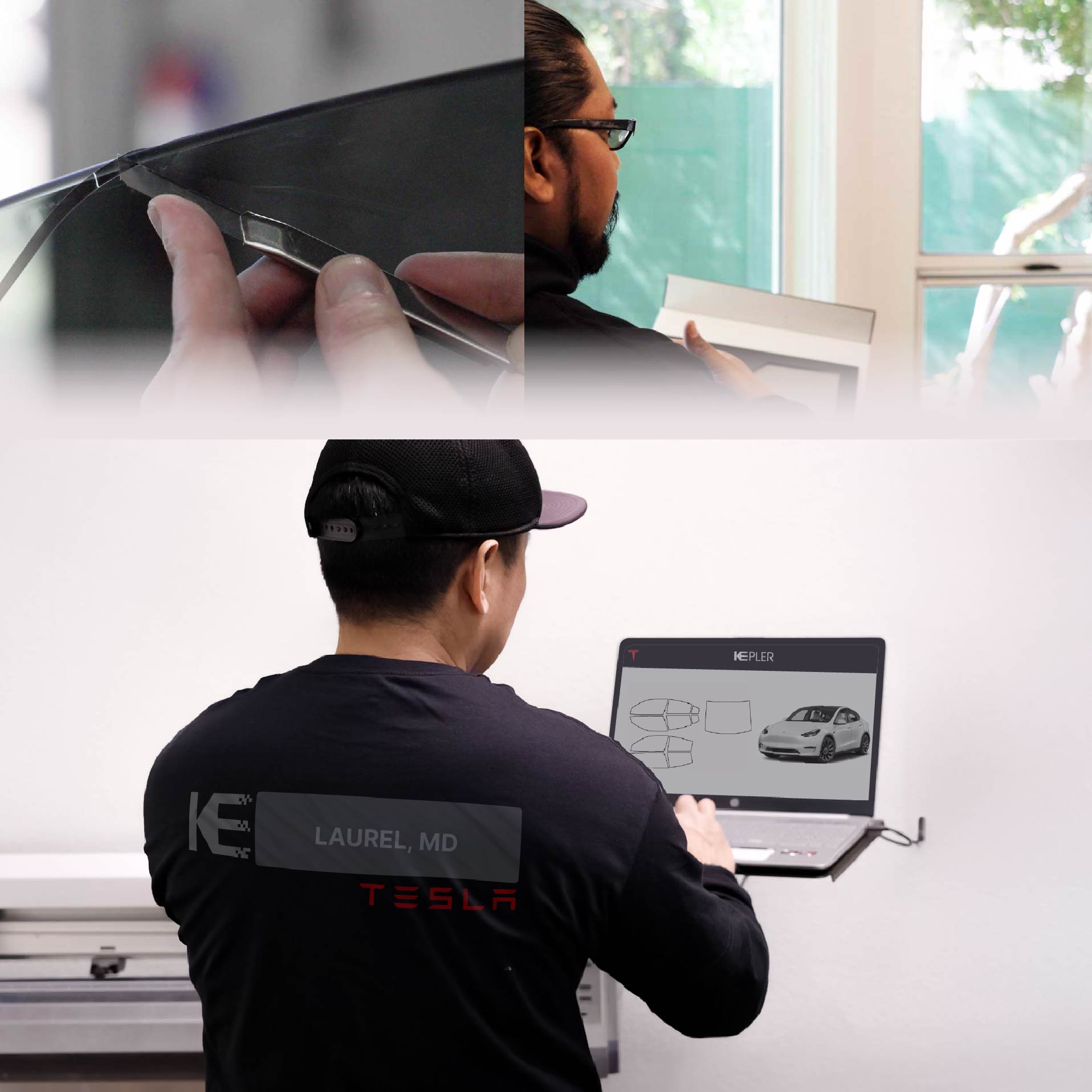 Expert Technician Installing High-tech Window Tint to Tesla in Laurel