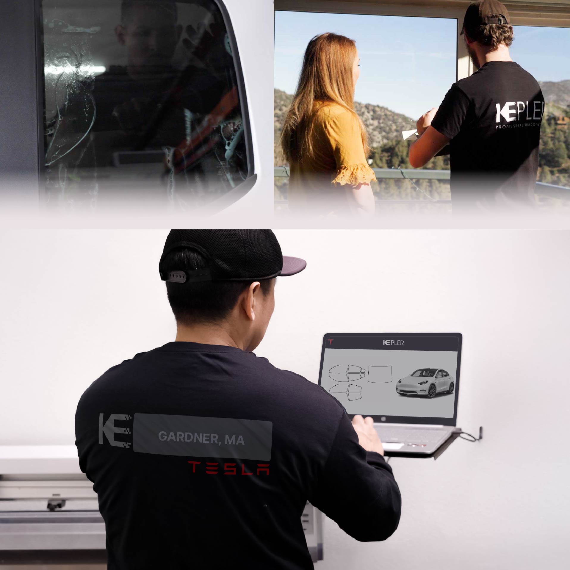 Expert Technician Applying High-tech Window Tint to Tesla in Gardner