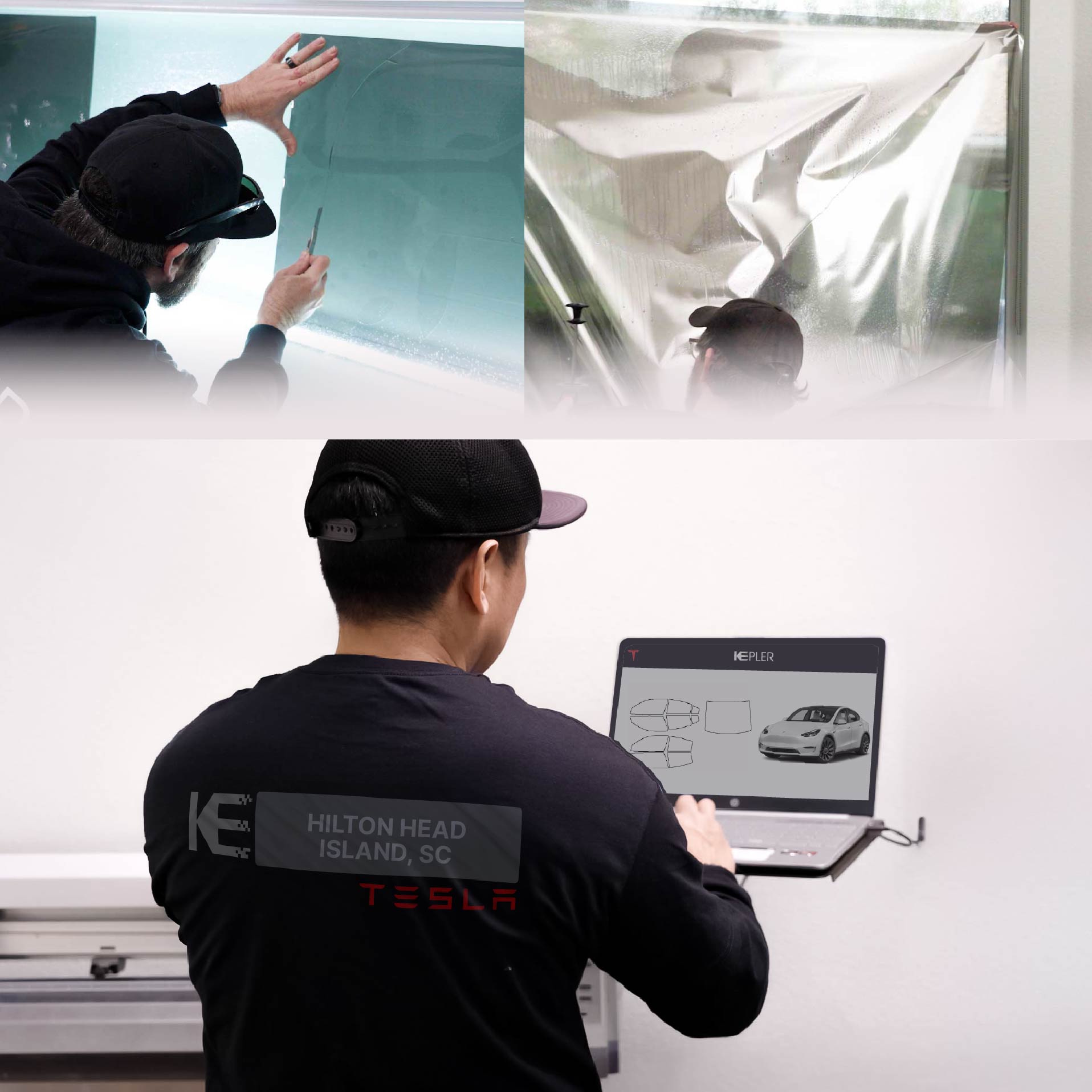 Kepler Technician Applying Advanced Window Tint to Tesla in Hilton Head Island