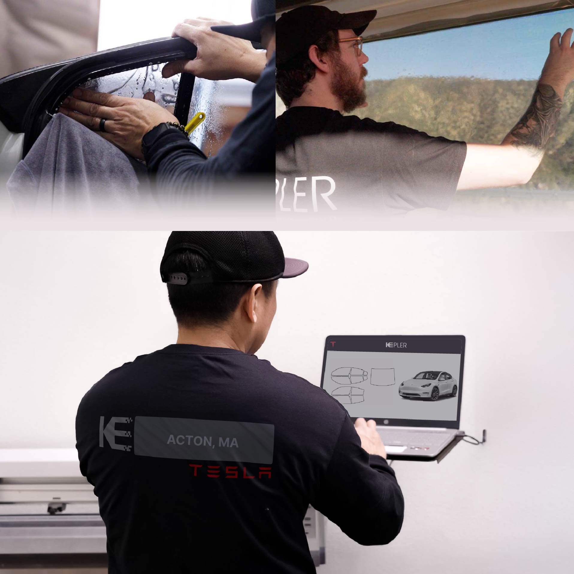 Expert Technician Installing High-tech Window Tint to Tesla in Acton