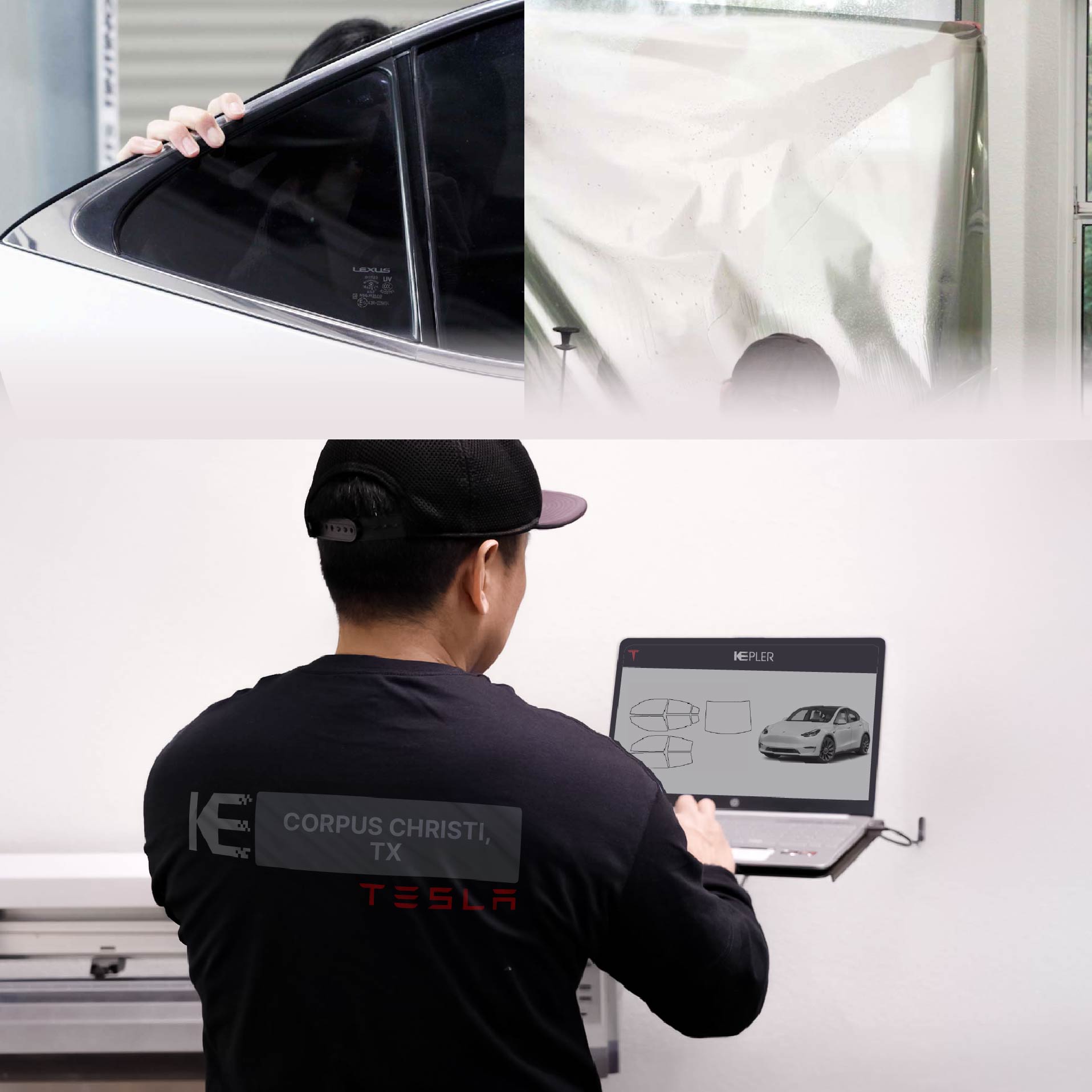 Kepler Technician Installing Ceramic Window Tint to Tesla in Corpus Christi
