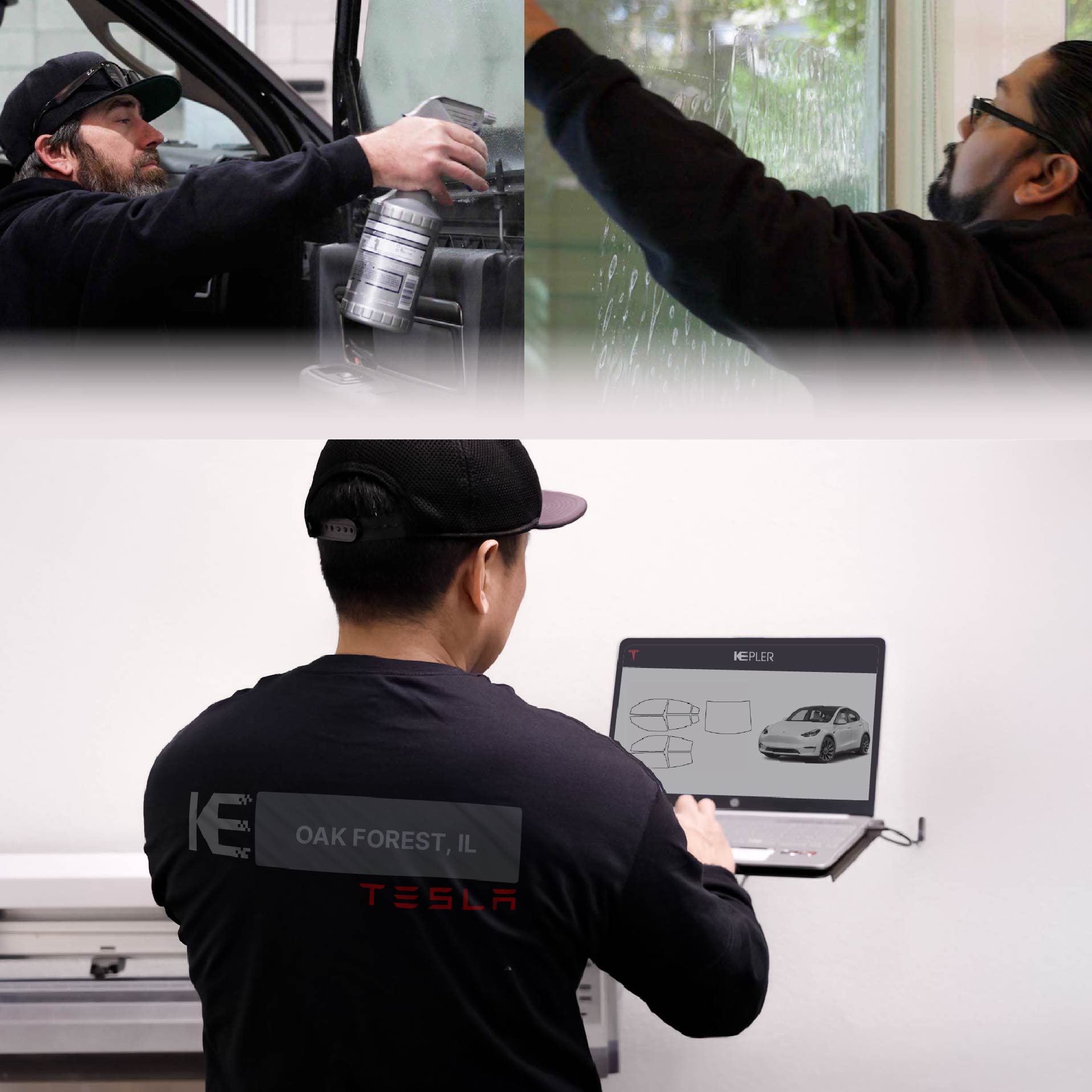 Expert Technician Applying Ceramic Window Tint to Tesla in Oak Forest
