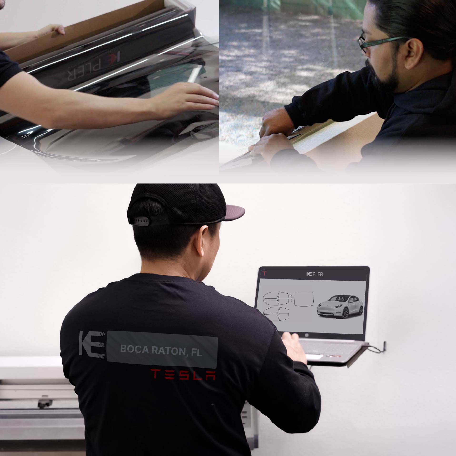 Kepler Technician Applying Advanced Window Tint to Tesla in Boca Raton
