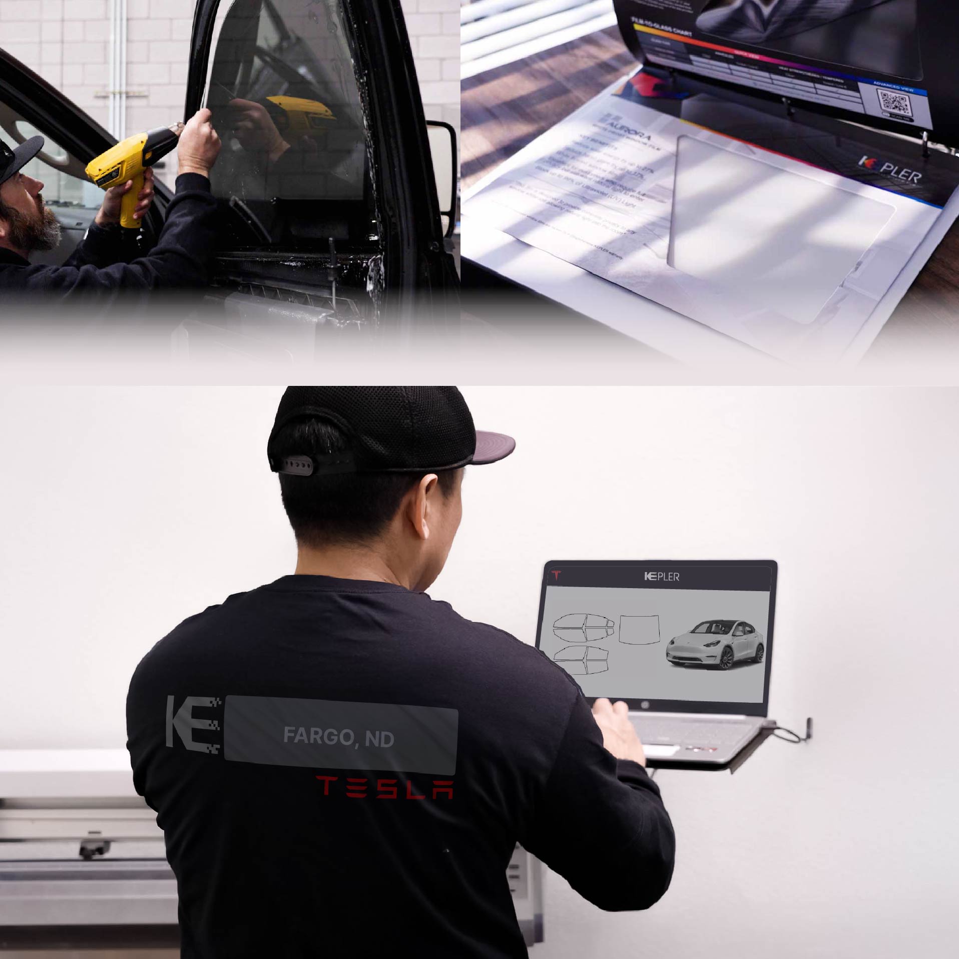 Kepler Technician Fitting Advanced Window Tint to Tesla in Fargo