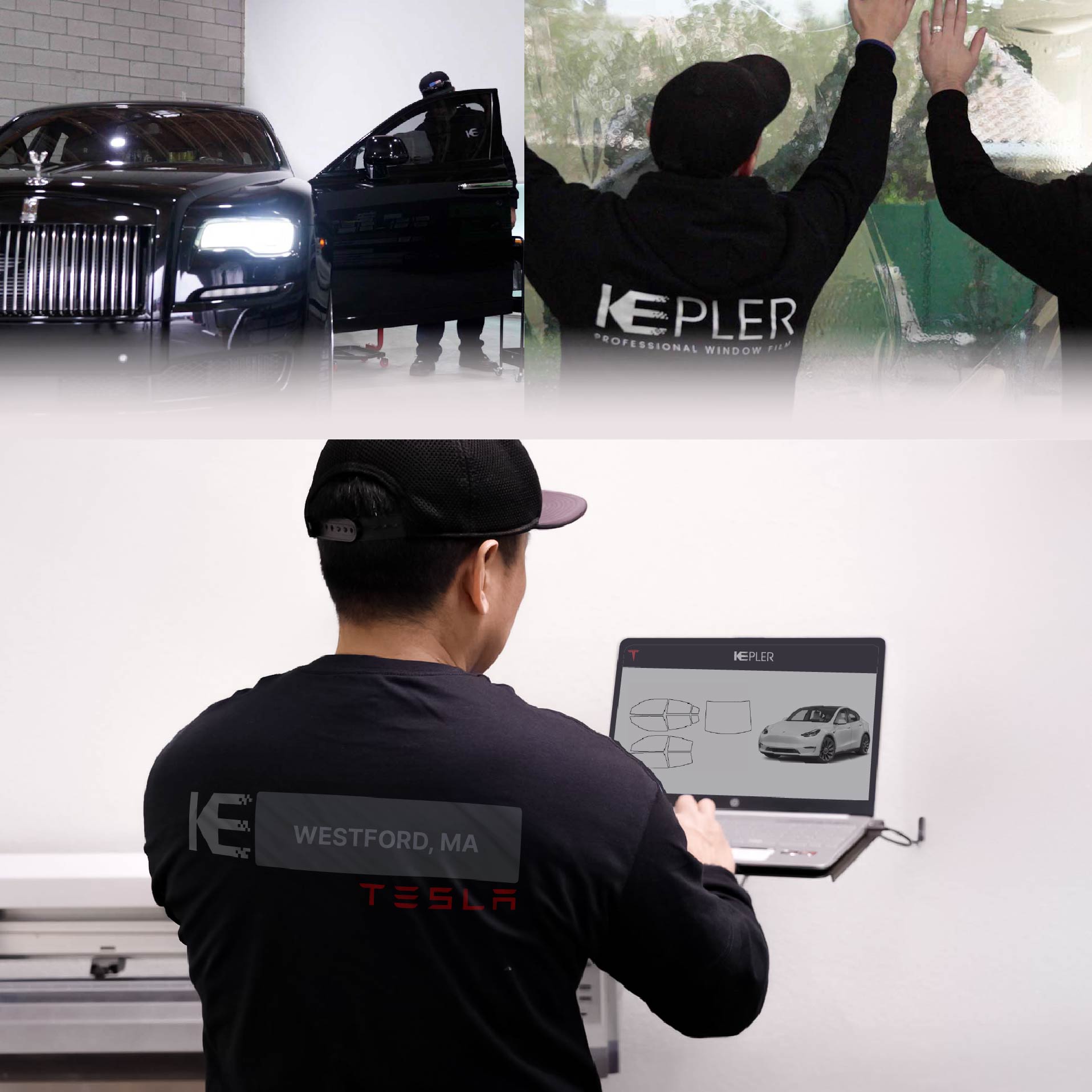 Kepler Technician Installing Ceramic Window Tint to Tesla in Westford