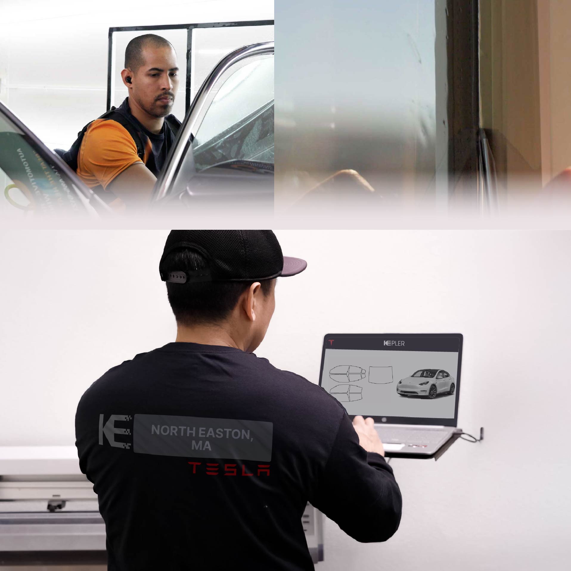 Kepler Technician Applying Advanced Window Tint to Tesla in North Easton