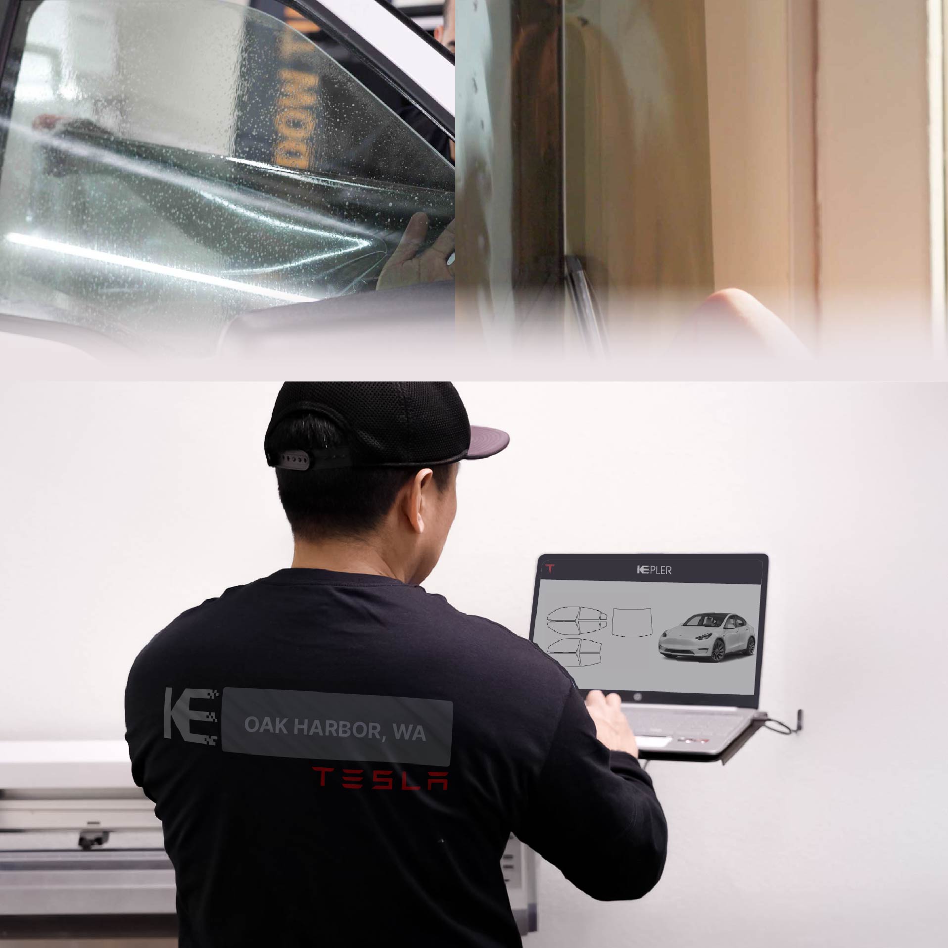Expert Technician Fitting Ceramic Window Tint to Tesla in Oak Harbor