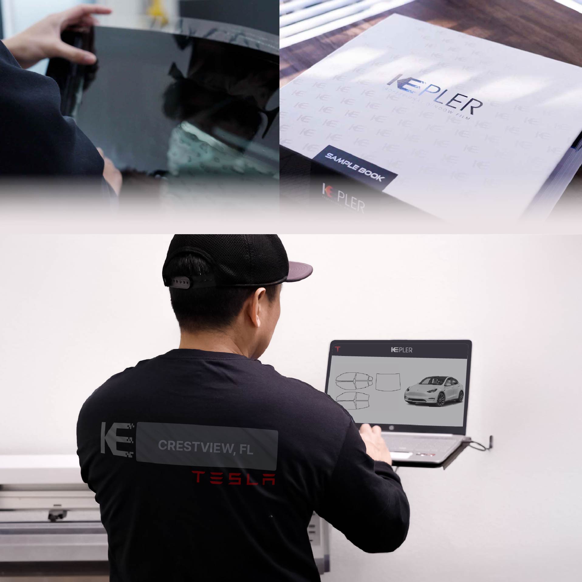Expert Technician Installing Ceramic Window Tint to Tesla in Crestview