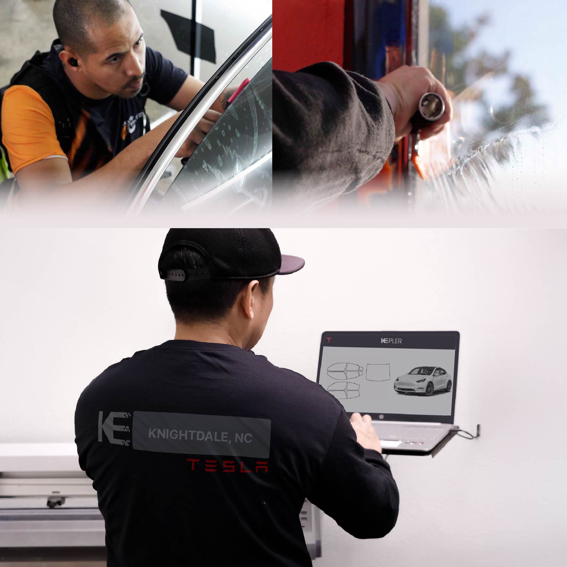 Expert Technician Fitting Ceramic Window Tint to Tesla in Knightdale