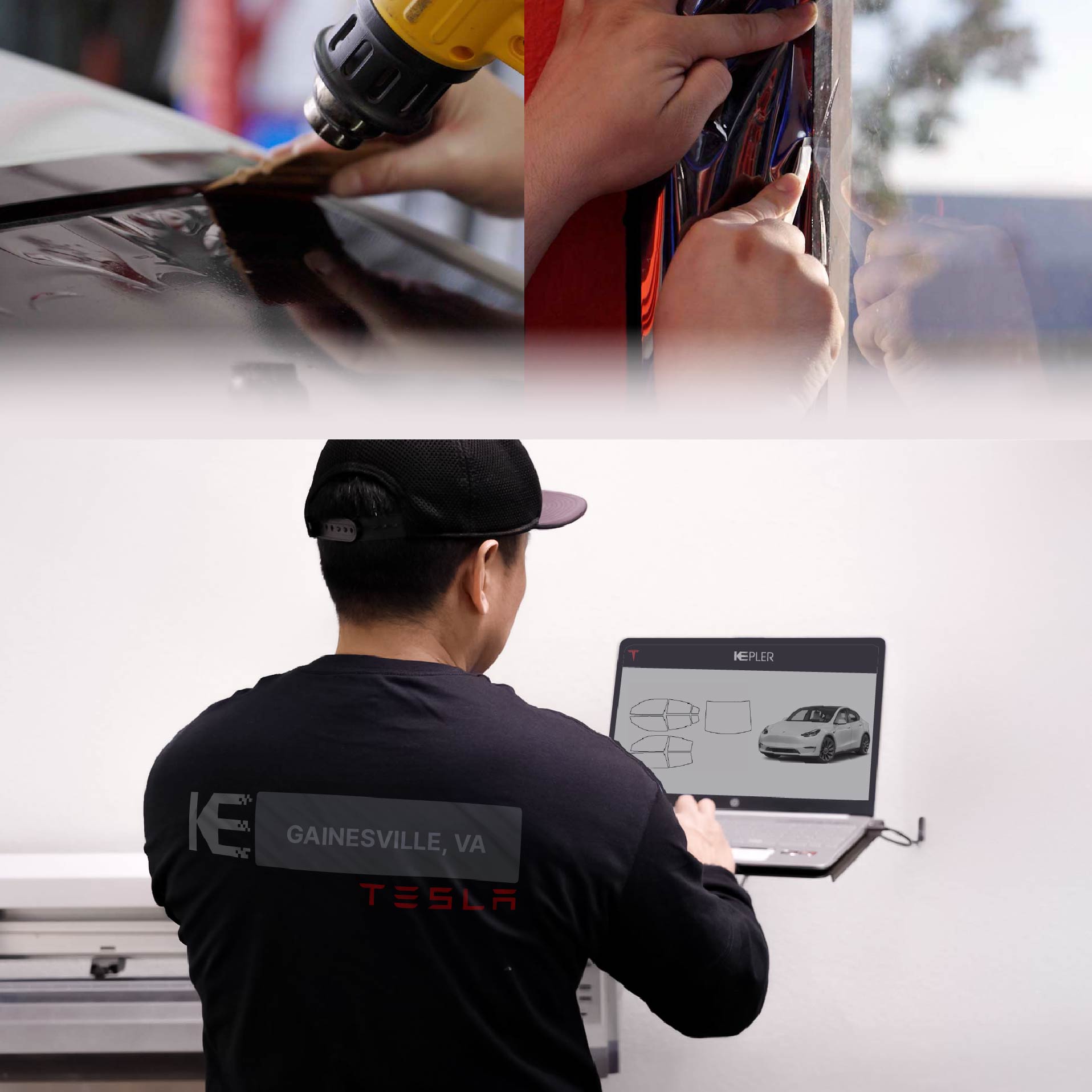 Expert Technician Fitting Ceramic Window Tint to Tesla in Gainesville