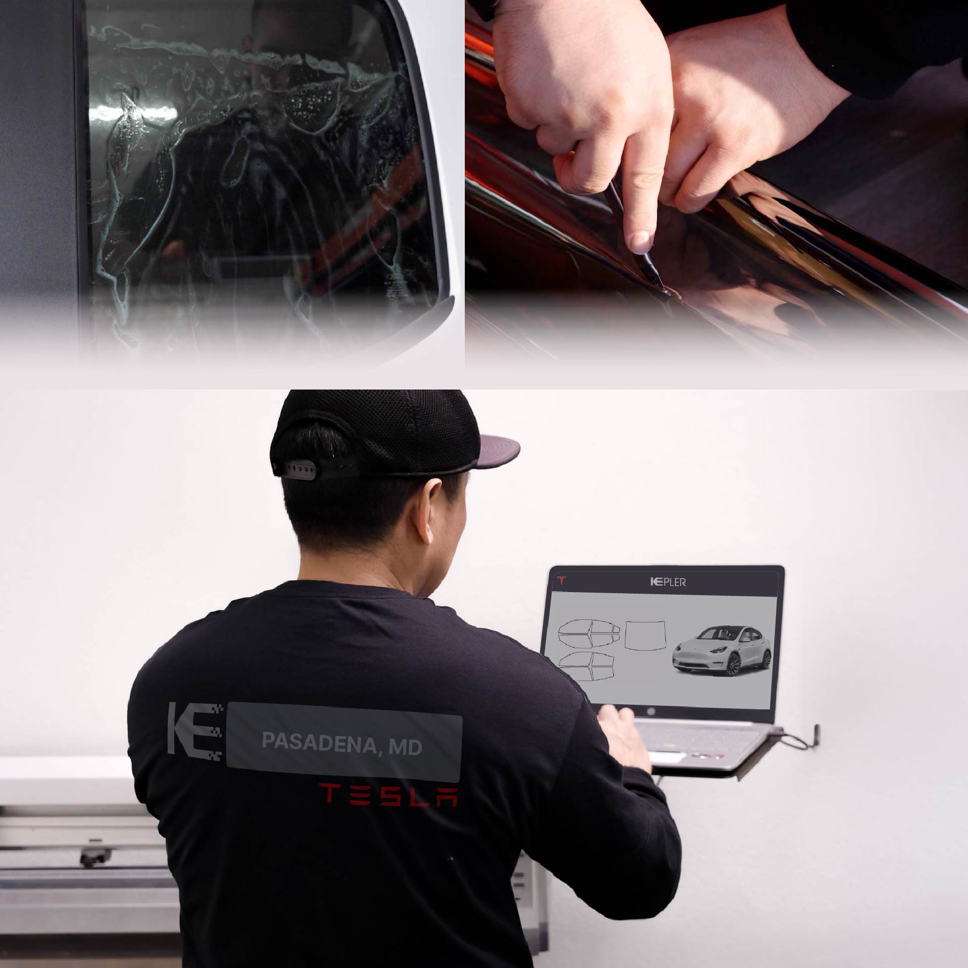 Expert Technician Installing High-tech Window Tint to Tesla in Pasadena