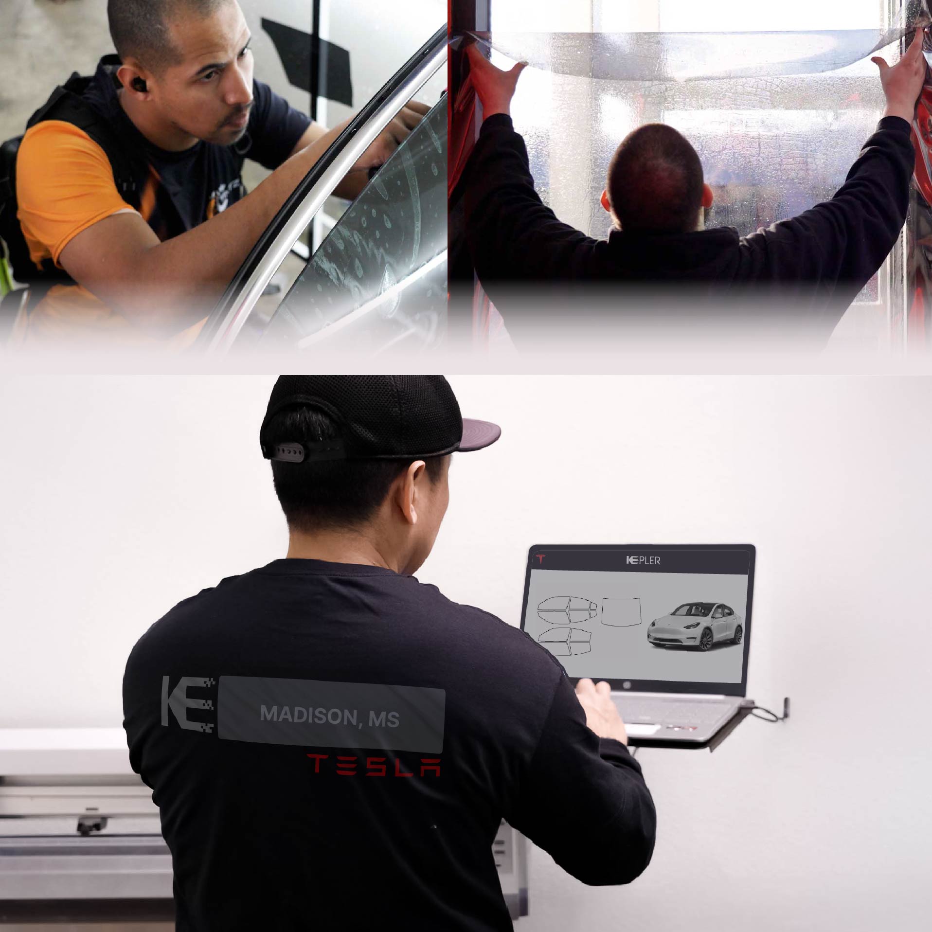 Kepler Technician Fitting Advanced Window Tint to Tesla in Madison