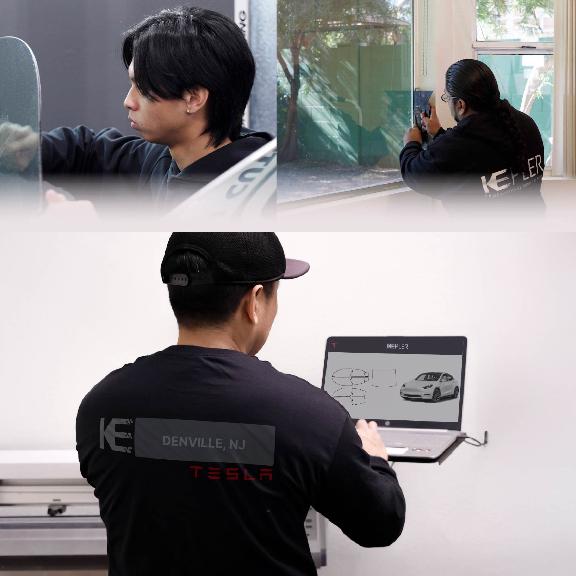 Kepler Technician Installing Ceramic Window Tint to Tesla in Denville