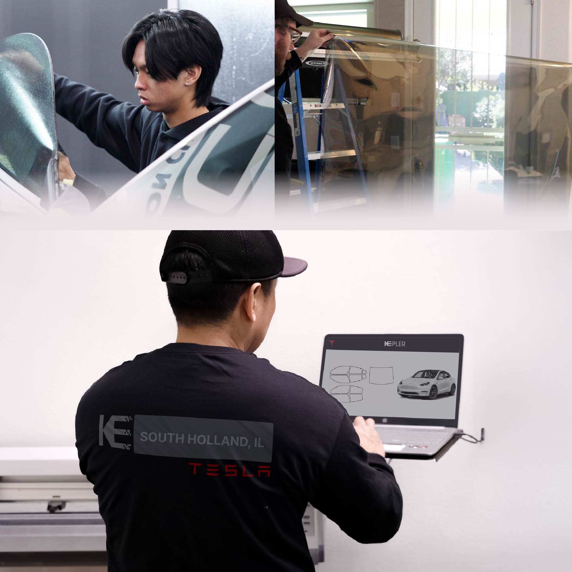 Expert Technician Installing High-tech Window Tint to Tesla in South Holland